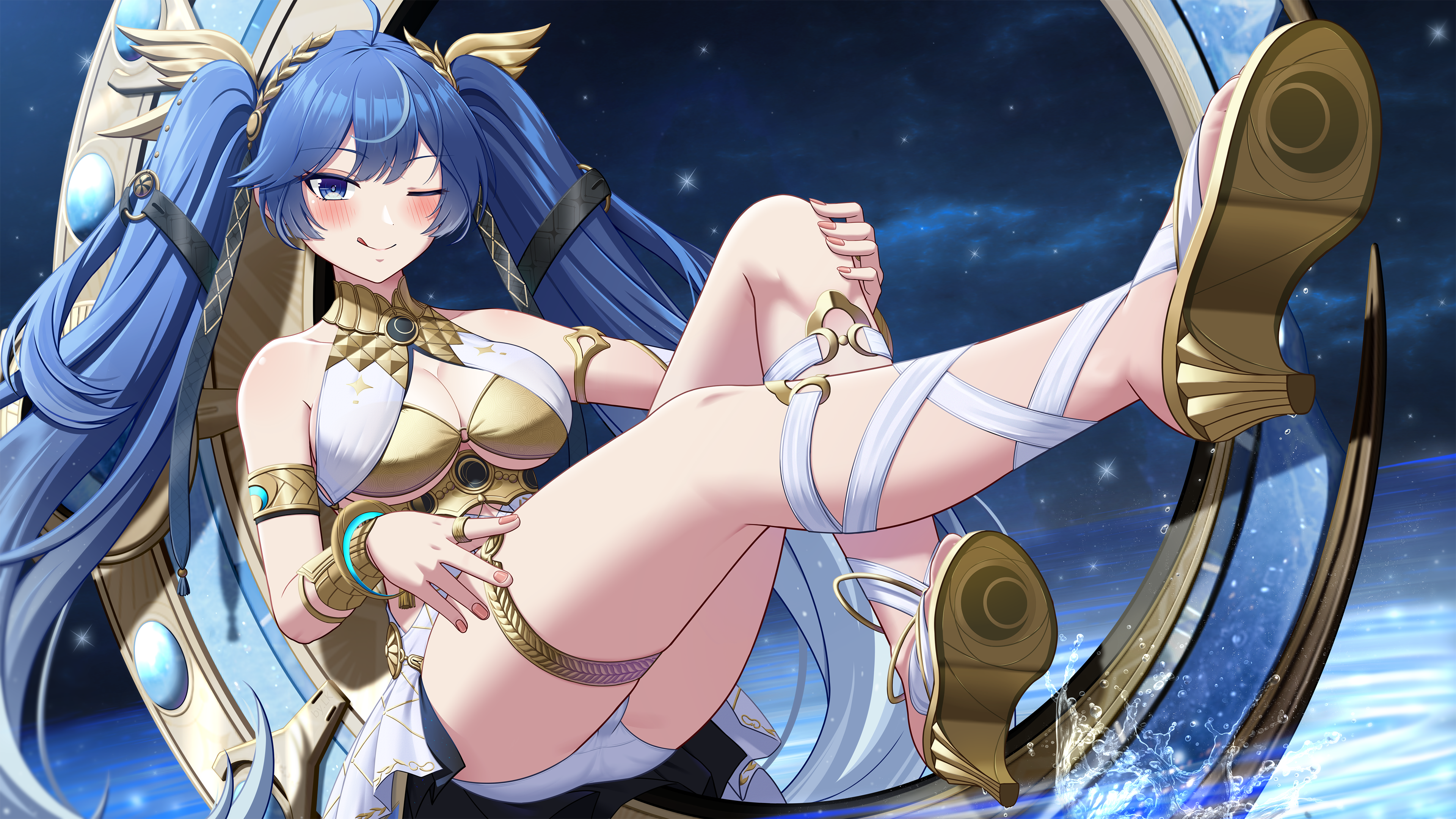 lemon kele, iuno (wuthering waves), wuthering waves, absurdres, chinese commentary, commentary request, highres, partial commentary, 1girl, :q, ahoge, ancient greek clothes, armlet, bare shoulders, blue eyes, blush, breasts, cleavage, closed mouth, full body, gladiator sandals, gold bra, gradient hair, greco-roman clothes, jewelry, large breasts, laurel crown, long hair, looking at viewer, multicolored hair, one eye closed, outstretched leg, sandals, smile, solo, thighlet, thighs, tongue, tongue out, twintails, vambraces, very long hair