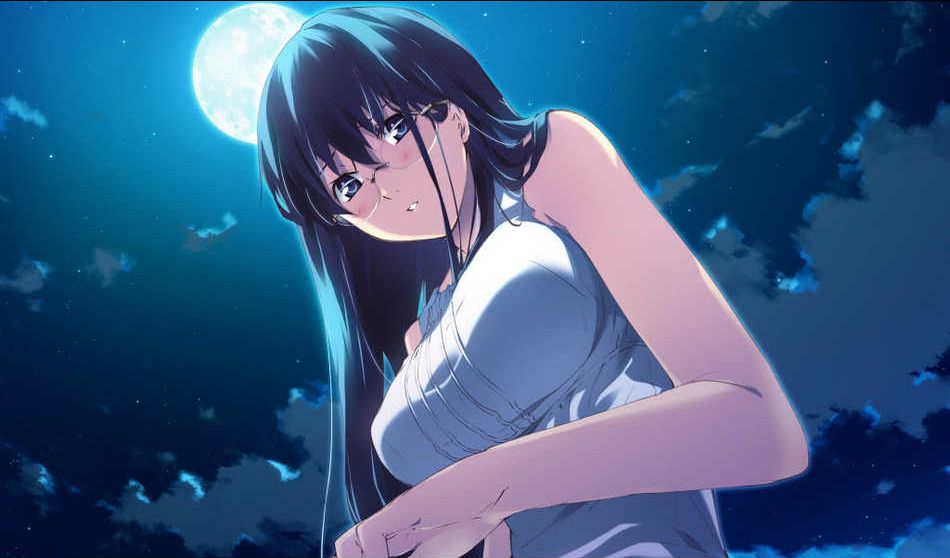 g yuusuke, hatori uta, hatori uta (tapestry), uta hatori, tapestry -you will meet yourself-, game cg, jpeg artifacts, 1girl, black hair, blue eyes, cloud, female focus, glasses, long hair, moon, night, sky, solo
