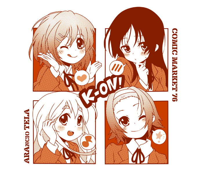 mitsuki meia, akiyama mio, hirasawa yui, kotobuki tsumugi, nakano azusa, tainaka ritsu, k-on!, eyebrows, 00s, 4girls, hair ornament, hairband, hairclip, heart, ho-kago tea time, long hair, monochrome, multiple girls, musical note, one eye closed, orange theme, school uniform, short hair, star (symbol), wink