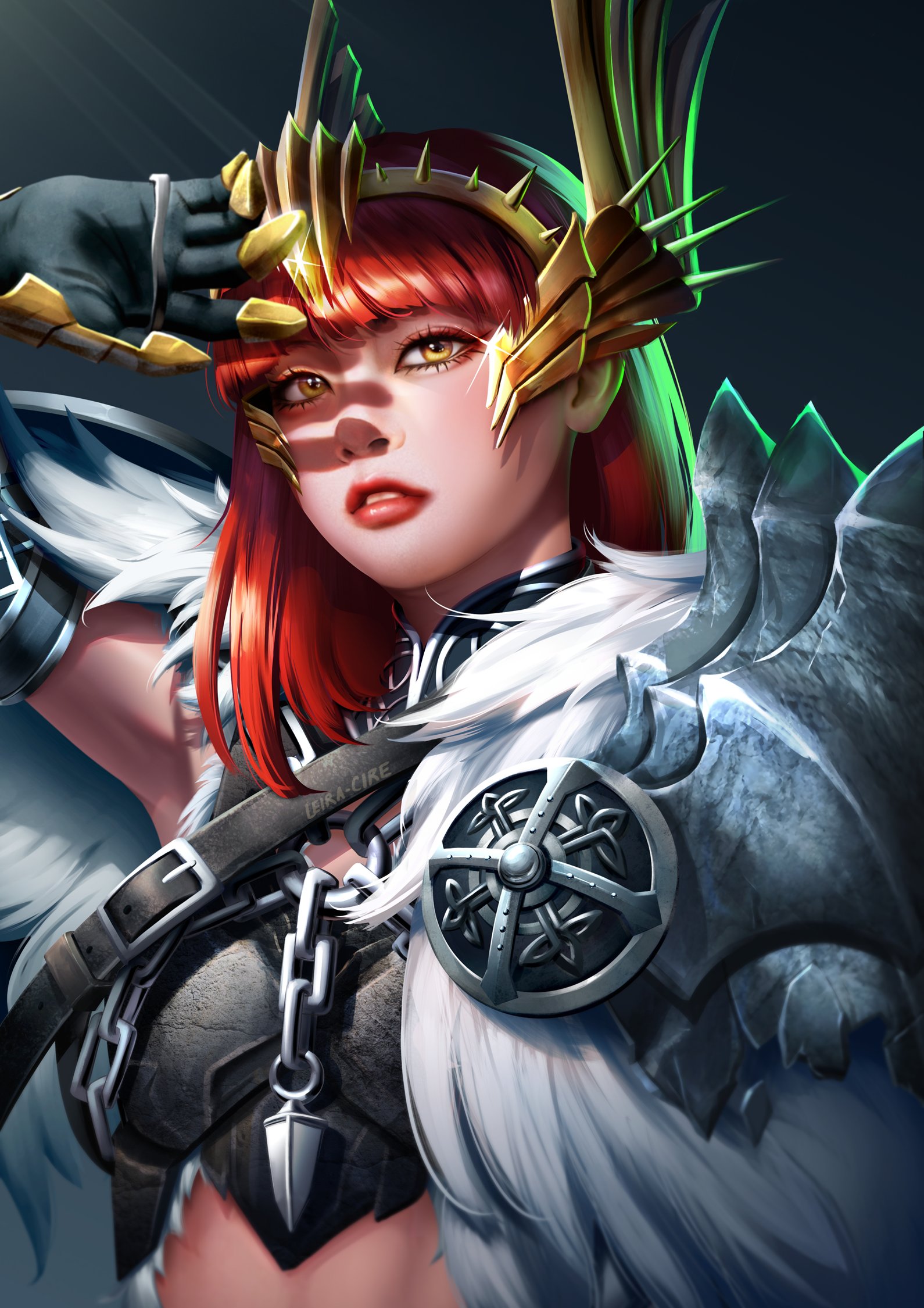 leira cire, monster hunter (character), monster hunter (series), monster hunter wilds, commentary, english commentary, highres, 1girl, arkveld (armor), armor, artist name, black gloves, chain, gloves, gold headdress, gradient background, grey armor, grey background, headdress, looking to the side, medium hair, midriff, parted lips, pauldrons, pelt, red hair, shoulder armor, solo, upper body, yellow eyes