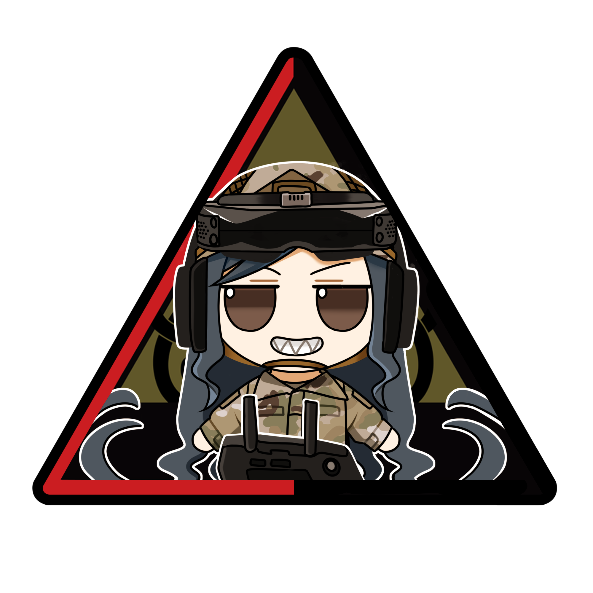 korzynka persykiv, kraken (japanon), original, artist request, check artist, highres, 1girl, black hair, camouflage, chibi, controller, digital camouflage, drone, fumo (doll), goggles, goggles on head, kraken regiment, long hair, long sleeves, russo-ukrainian war, sharp teeth, smile, solo, teeth, ukrainian insurgent army flag