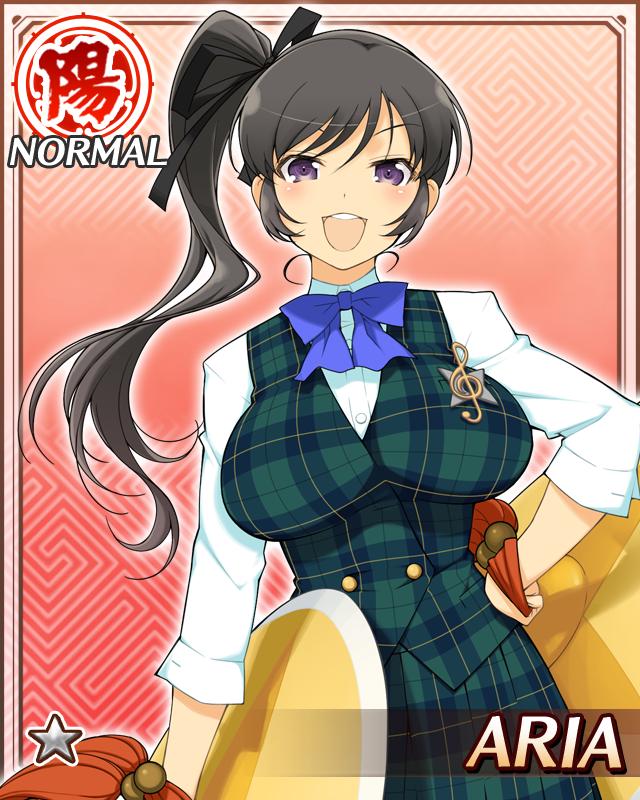 aria (senran kagura), senran kagura, senran kagura new wave, game cg, official art, 1girl, arm at side, black hair, black ribbon, blue bow, blue bowtie, border, bow, bowtie, breasts, card (medium), character name, cymbals, english text, green vest, hair ribbon, hand on own hip, high side ponytail, instrument, large breasts, long hair, looking at viewer, musical note, musical note print, official alternate costume, open mouth, plaid clothes, plaid vest, purple eyes, ribbon, sakigei municipal academy school uniform, school uniform, shirt, smile, solo, teeth, upper teeth only, vest, white shirt