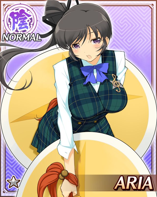 aria (senran kagura), senran kagura, senran kagura new wave, game cg, official art, 1girl, :o, black hair, black ribbon, blue bow, blue bowtie, border, bow, bowtie, breasts, card (medium), character name, cymbals, english text, green vest, hair ribbon, high side ponytail, instrument, large breasts, leaning forward, long hair, looking at viewer, musical note, musical note print, official alternate costume, plaid clothes, plaid vest, purple eyes, ribbon, sakigei municipal academy school uniform, school uniform, shirt, solo, vest, white shirt