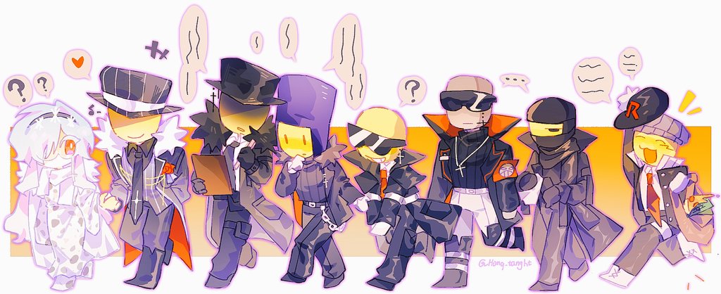 eunoia (frozen soul), mafioso (frozen soul), frozen soul, roblox, 1girl, 6+boys, arm up, beret, black boots, black coat, black gloves, black hat, black necktie, black pants, black shoes, blue hair, blue hat, boots, chain, clipboard, coat, dress, gloves, hat, holding, holding clipboard, hong tanght, long hair, multiple boys, necktie, pants, red eyes, scarf, shoes, ushanka, very long hair, walking, white dress, white scarf