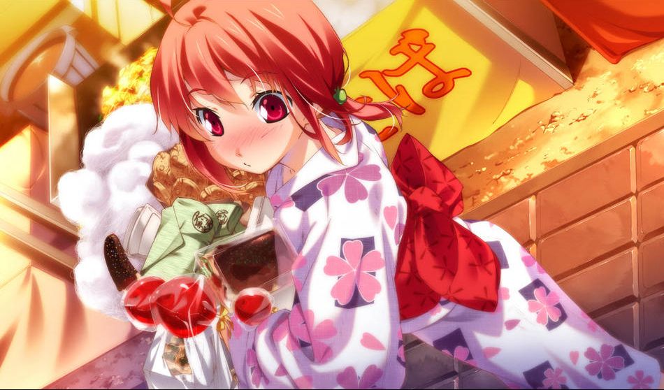 g yuusuke, shiomi hikari, tapestry -you will meet yourself-, game cg, 1girl, blush, cotton candy, female focus, food, hikari shiomi, holding, holding cotton candy, holding food, japanese clothes, kimono, red eyes, solo, yukata