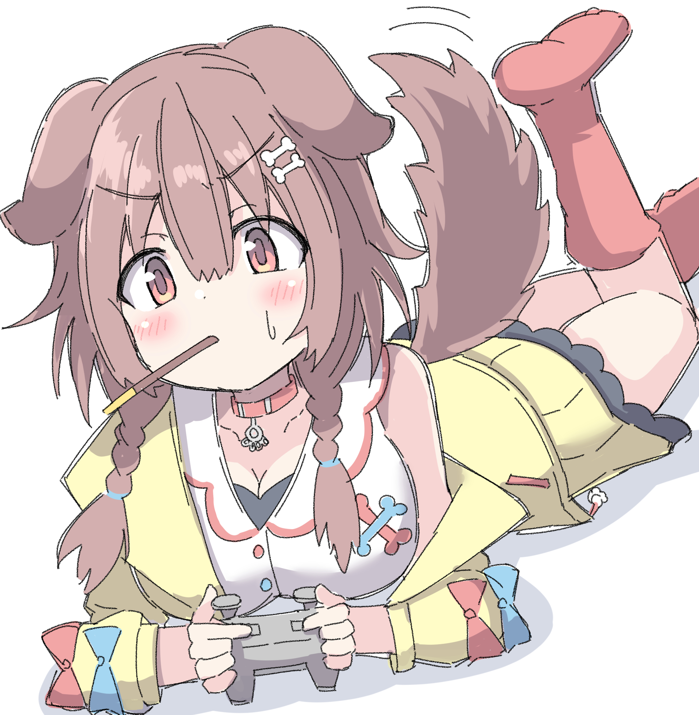 umberblack, inugami korone, inugami korone (1st costume), hololive, commentary, commentary request, highres, 1girl, animal ears, blush, bone hair ornament, braid, breasts, brown eyes, brown hair, cartoon bone, cleavage, controller, dog ears, dog tail, food, food in mouth, game controller, hair ornament, lying, medium breasts, pocky, pocky in mouth, solo, tail, twin braids, v-shaped eyebrows