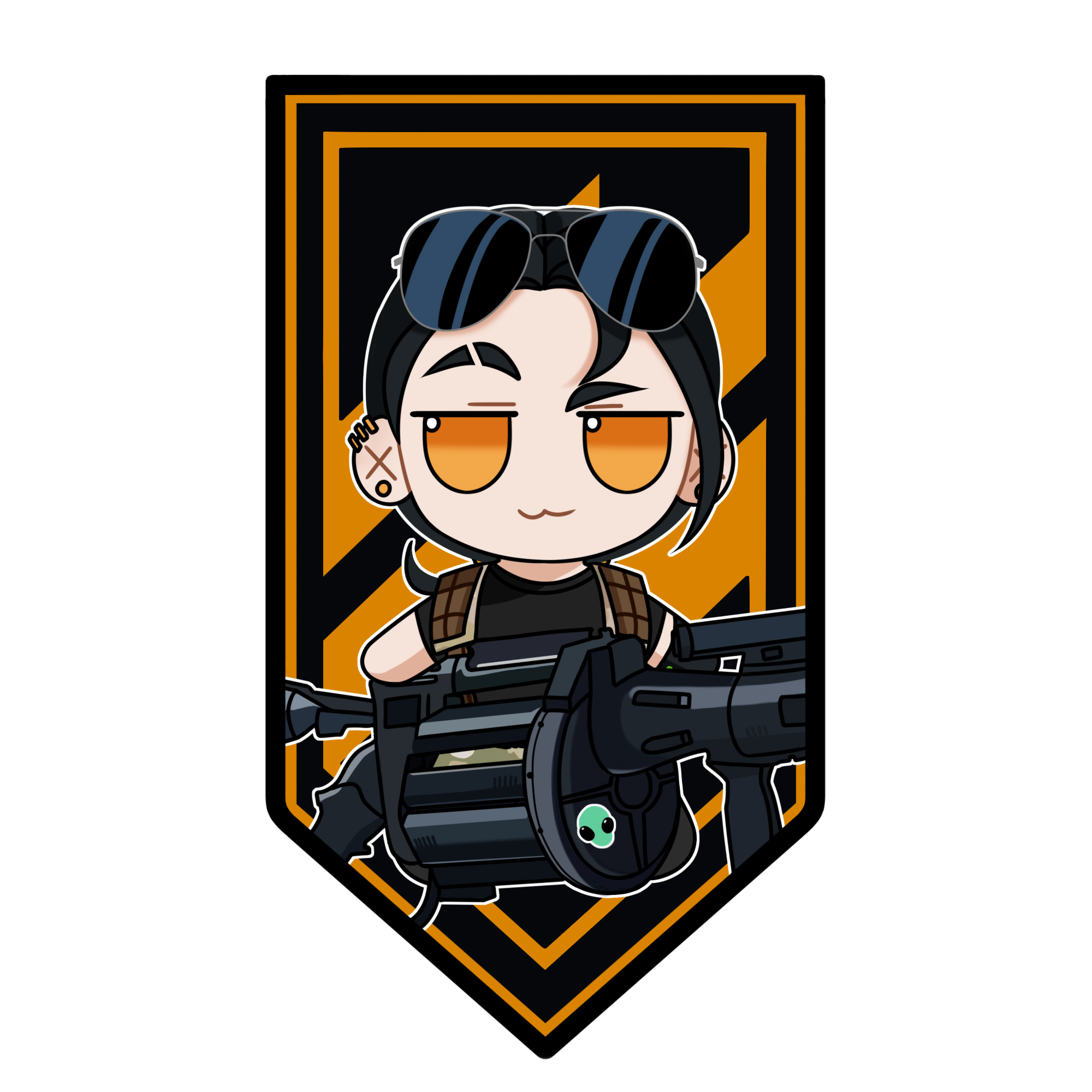 korzynka persykiv, hanna kovalchuk, original, highres, 1girl, 3rd assault brigade, black hair, chibi, earrings, eyewear on head, fumo (doll), gloves, grenade launcher, jewelry, looking at viewer, patch, russo-ukrainian war, smile, solo, sunglasses, transparent background, tryzub, weapon