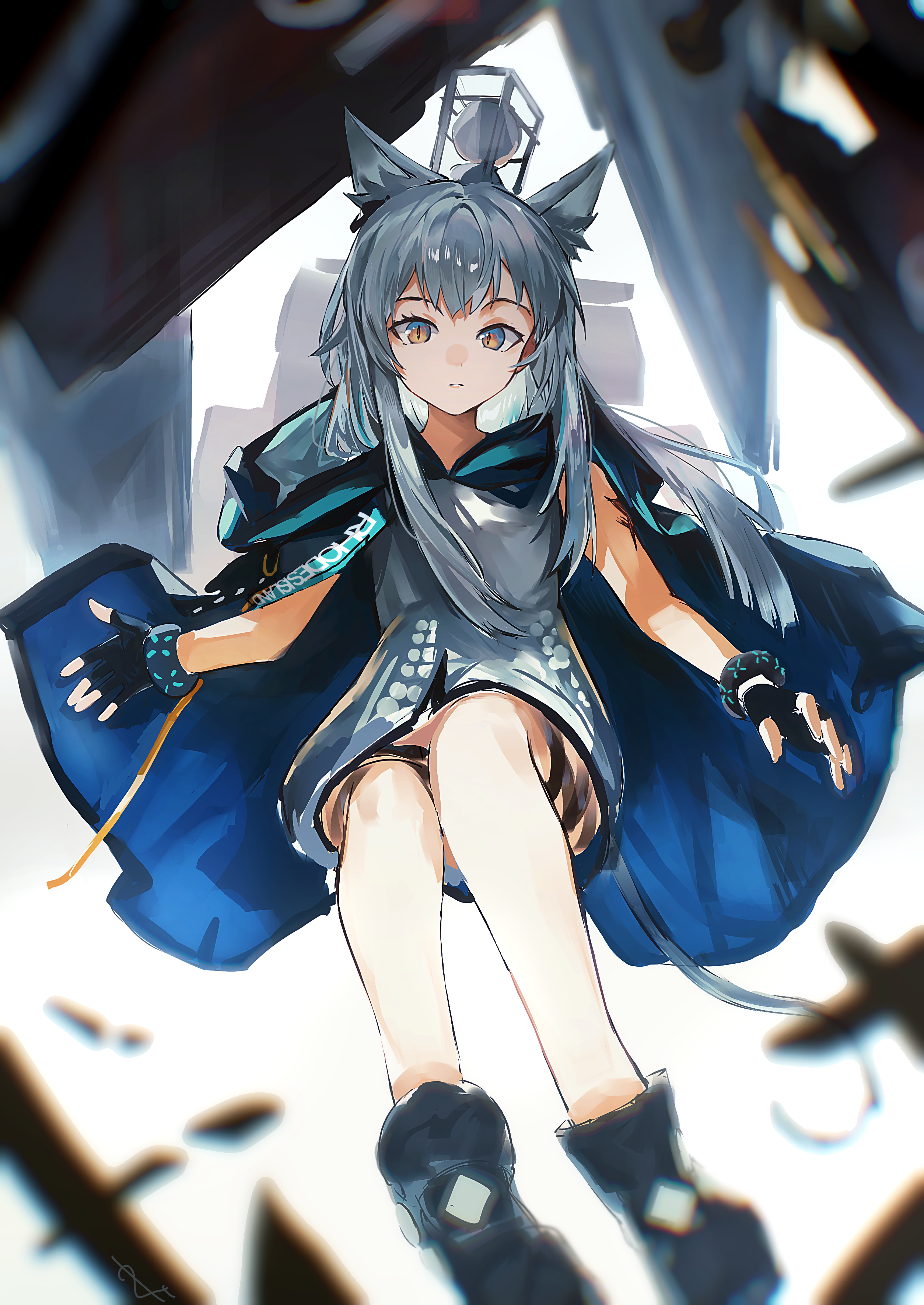 sudadachi, infection monitor (arknights), rosmontis (arknights), arknights, absurdres, commentary, highres, 1girl, animal ears, ankle boots, black boots, black gloves, blue cape, blurry, boots, cape, chromatic aberration, clothes writing, dress, fingerless gloves, gloves, grey dress, grey eyes, grey hair, hood, hood down, hooded cape, long hair, looking at viewer, parted lips, short dress, solo, thigh strap, yellow eyes