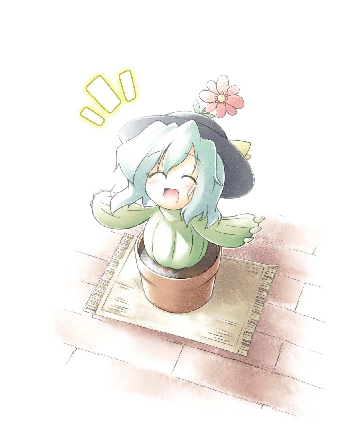 kibushi, komeiji koishi, lil' cactus, legend of mana, seiken densetsu, touhou, silver hair, highres, 1girl, ^^^, ^ ^, cactus, closed eyes, female focus, flower, fusion, happy, hat, open mouth, parody, short hair, solo