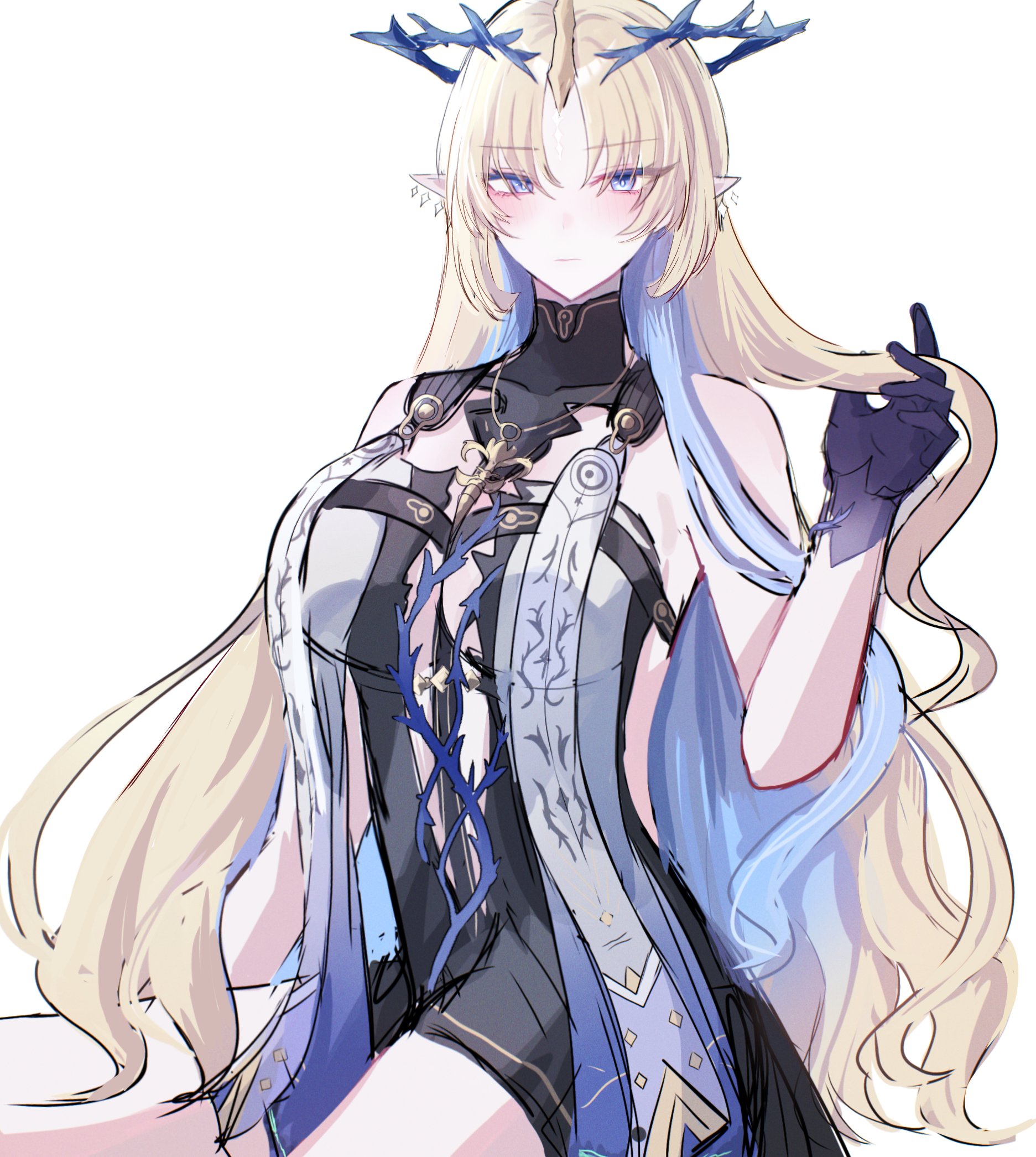 fleurdelys (wuthering waves), wuthering waves, commentary, highres, 1girl, black collar, black dress, blonde hair, blue hair, breast curtains, breasts, collar, colored inner hair, crown, crown of thorns, dress, earrings, floating crown, floating earrings, holding, holding own hair, horns, jewelry, large breasts, long hair, long horns, multicolored hair, pointy ears, simple background, single horn, sitting, solo, soyogi nrso, tabard, very long hair, white background, white tabard, yellow horns