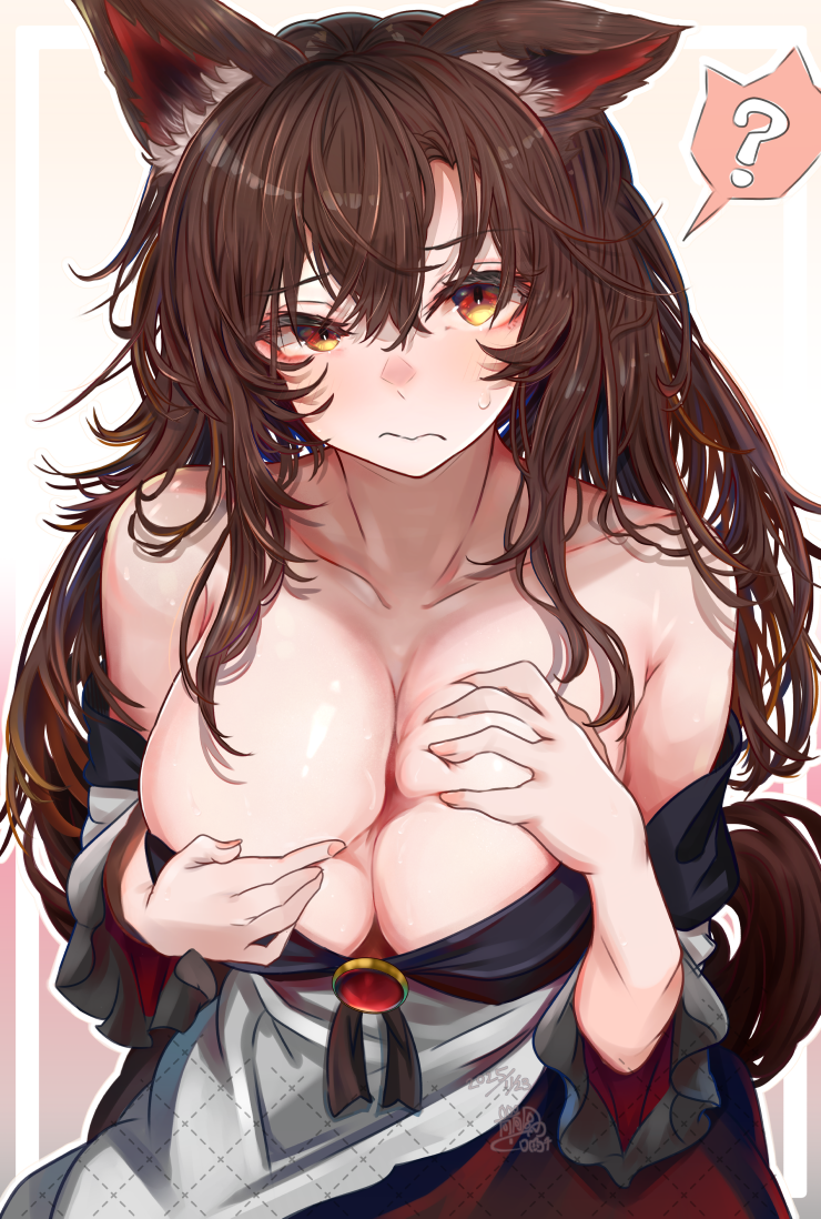 houdukixx, imaizumi kagerou, touhou, commentary request, variant set, 1girl, ?, alternate breast size (larger), animal ears, bare shoulders, breasts, breasts squeezed together, brooch, brown hair, closed mouth, confused, dress, fingernails, hair between eyes, huge breasts, jewelry, long hair, looking at viewer, multicolored eyes, off-shoulder dress, off shoulder, paizuri invitation, parted bangs, raised eyebrow, red eyes, shiny skin, single ear down, skindentation, solo, spoken question mark, spread cleavage, straight-on, tail, two-tone eyes, upper body, wolf ears, wolf girl, wolf tail, yellow eyes