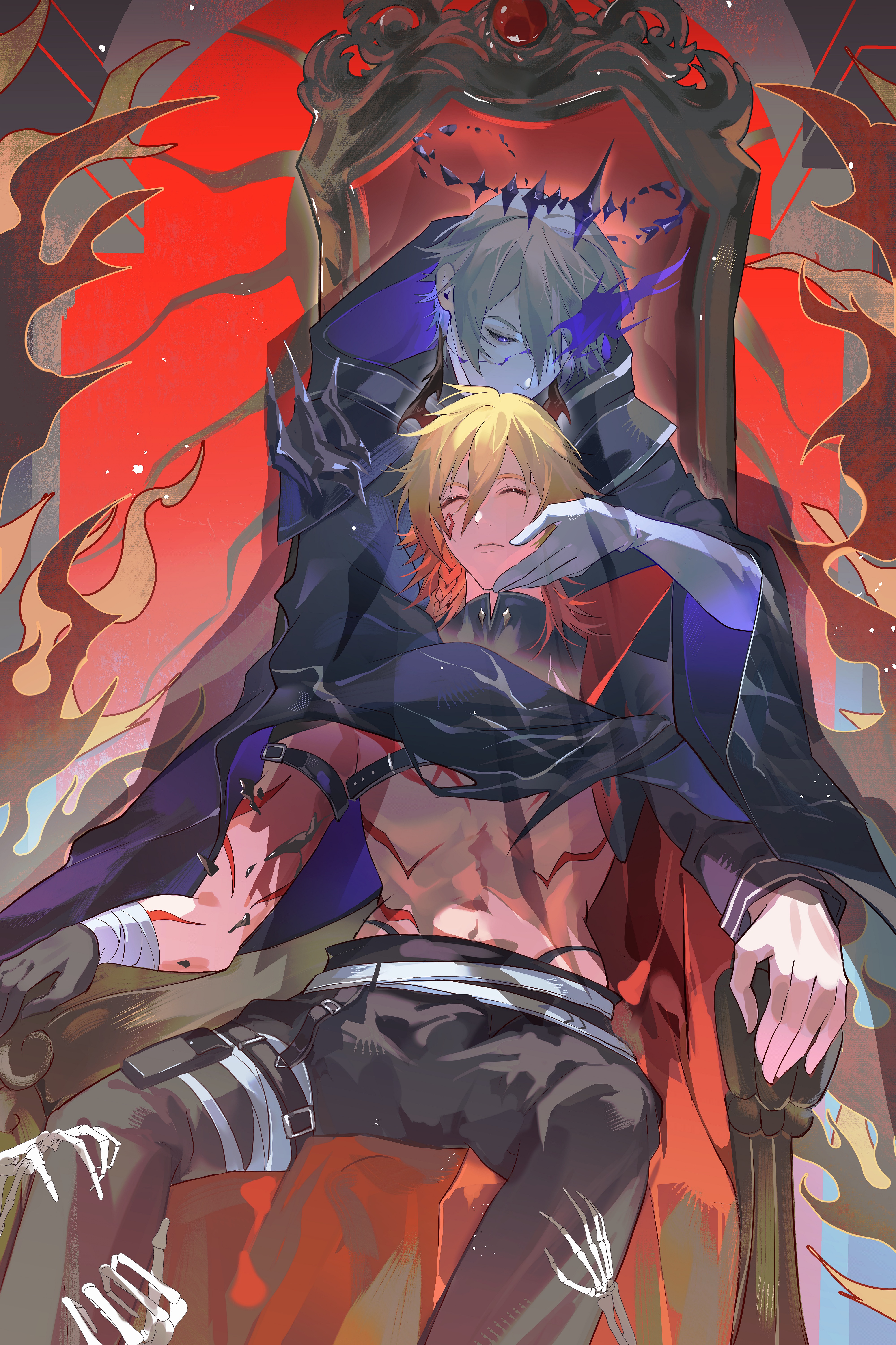 flame reaver of the deepest dark, mydei (honkai: star rail), phainon (honkai: star rail), honkai: star rail, honkai (series), absurdres, chinese commentary, commentary request, highres, 2boys, alternate costume, arm strap, arm tattoo, black cloak, black pants, blonde hair, chest tattoo, cloak, closed eyes, colored skin, cracked skin, facial tattoo, flaming eye, gradient hair, grey hair, grey skin, hood, hood down, hooded cloak, jiagujiagu93731, male focus, medium hair, multicolored hair, multiple boys, pants, red hair, red tattoo, tattoo, yellow eyes