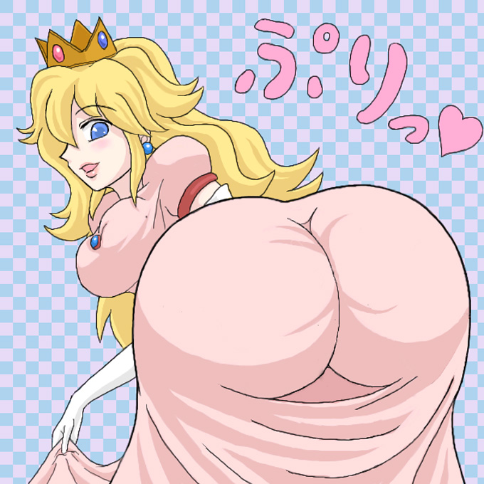 shown, princess peach, mario (series), nintendo, super mario bros. 1, translation request, ass, bent over, blonde hair, blue eyes, blush, butt crack, dress, heart, huge ass, long hair, pink dress, skin tight, smile