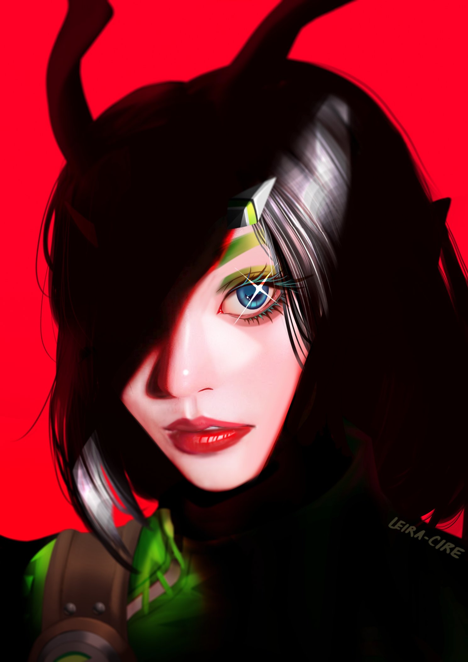 leira cire, mantis (marvel), guardians of the galaxy, marvel, marvel rivals, commentary, english commentary, highres, 1girl, alien, antennae, black hair, blue eyes, eyeshadow, green eyeshadow, green shirt, hair ornament, hairclip, long hair, looking at viewer, makeup, one eye in shadow, parted lips, pointy ears, portrait, red background, red lips, shirt, solo, sparkle