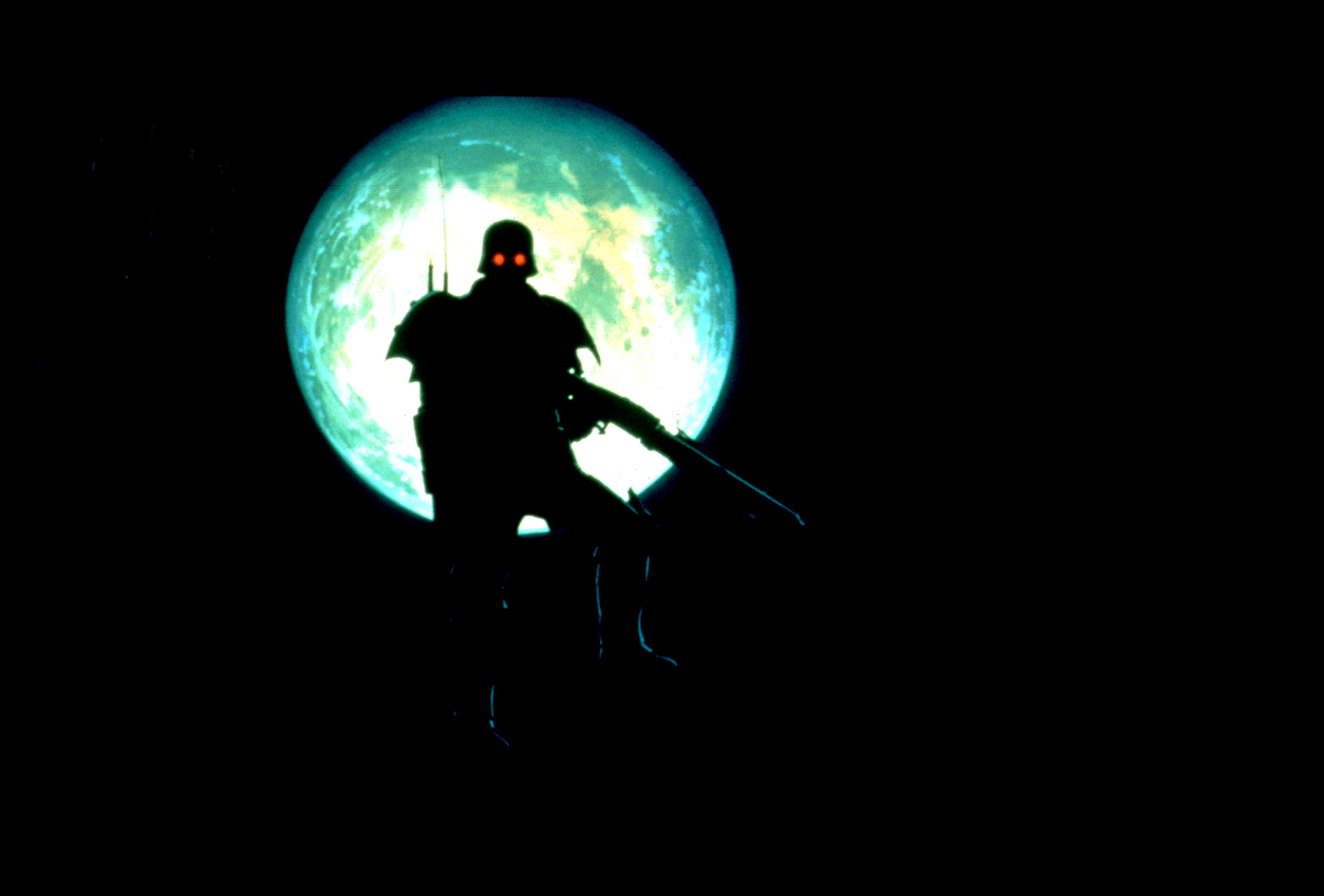 jin roh, dark, gun, machine gun, mg42, moon, red eyes, weapon