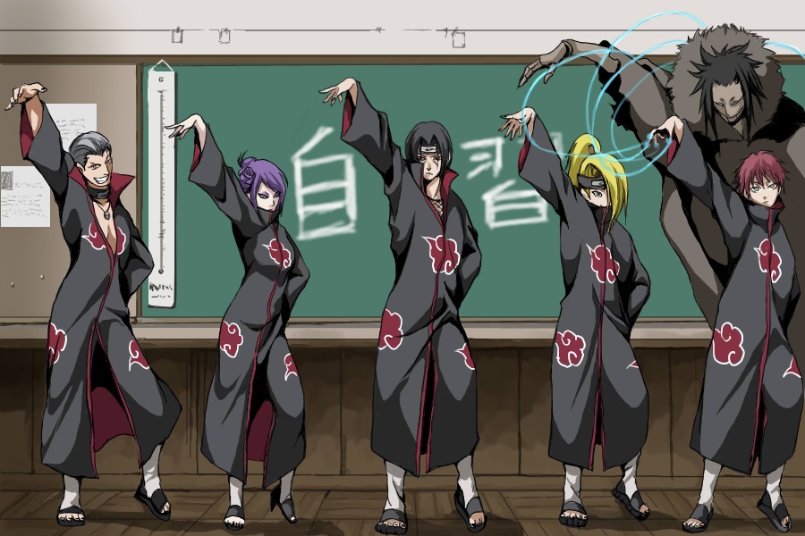 akagi soushi, deidara (naruto), hidan (naruto), konan (naruto), sasori (naruto), uchiha itachi, hare hare yukai, naruto (series), naruto shippuuden, suzumiya haruhi no yuuutsu, 1girl, 4boys, akatsuki (naruto), arm up, black hair, blonde hair, chalkboard, cloak, crossover, dancing, doll joints, full body, headband, indoors, joints, long hair, long sleeves, looking at viewer, multiple boys, parody, school, standing