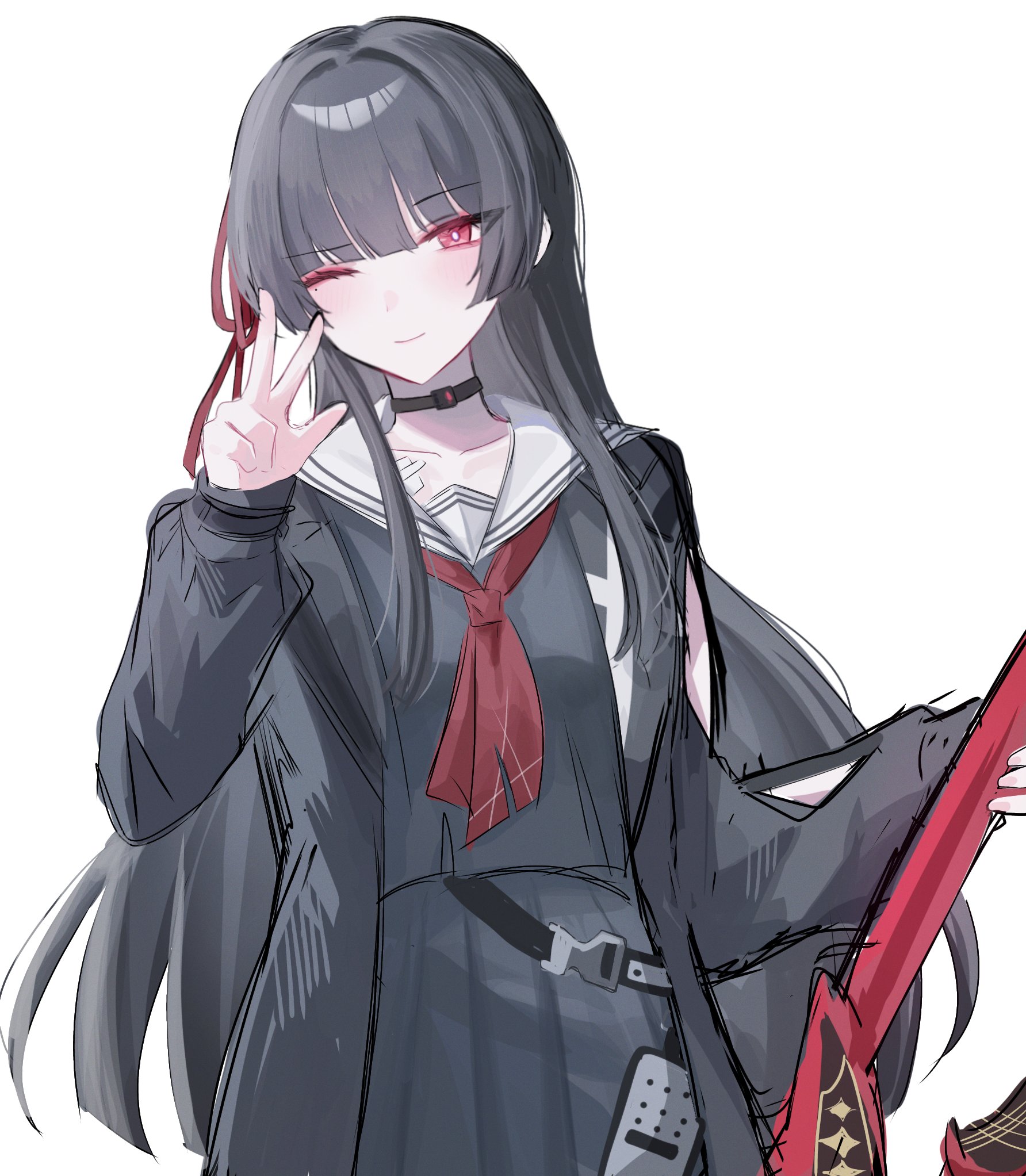 chisa (wuthering waves), wuthering waves, commentary request, highres, 1girl, arm cutout, black choker, black hair, black jacket, black shirt, black skirt, choker, closed mouth, clothing cutout, collarbone, hand up, holding, holding sword, holding weapon, jacket, long hair, looking at viewer, mole, mole under eye, neckerchief, one eye closed, red eyes, red neckerchief, sailor collar, shirt, simple background, skirt, smile, solo, soyogi nrso, sword, w, weapon, white background, white sailor collar