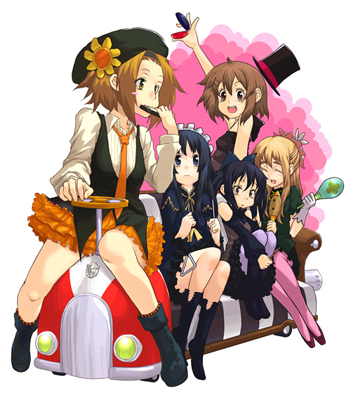 nabeshiki, nabeshiki (rakuneko yashiki), akiyama mio, hirasawa yui, kotobuki tsumugi, nakano azusa, tainaka ritsu, don't say "lazy", k-on!, 00s, 5girls, castanets, frills, harmonica, hat, ho-kago tea time, instrument, maracas, multiple girls, pantyhose, train, triangle (instrument)