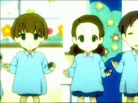 hirasawa yui, k-on!, animated, animated gif, lowres, non-web source, 00s, 2girls, 3boys, aged down, brown eyes, brown hair, castanets, child, dancing, hair bobbles, hair ornament, indoors, instrument, kindergarten, kindergarten uniform, looking at viewer, multiple boys, multiple girls, school uniform, short hair, un tan