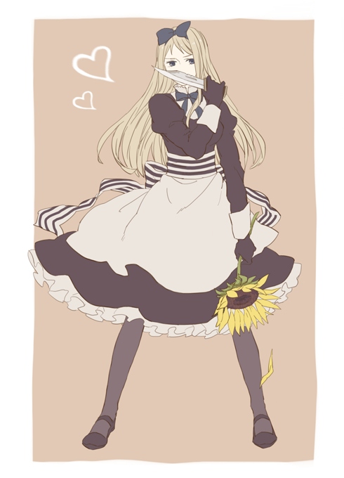 detteyu, belarus (hetalia), axis powers hetalia, striped, bad id, bad pixiv id, 00s, 1girl, apron, blonde hair, dress, female focus, flat color, flower, full body, gloves, hair ribbon, heart, knife, pantyhose, petticoat, ribbon, simple background, solo, sunflower