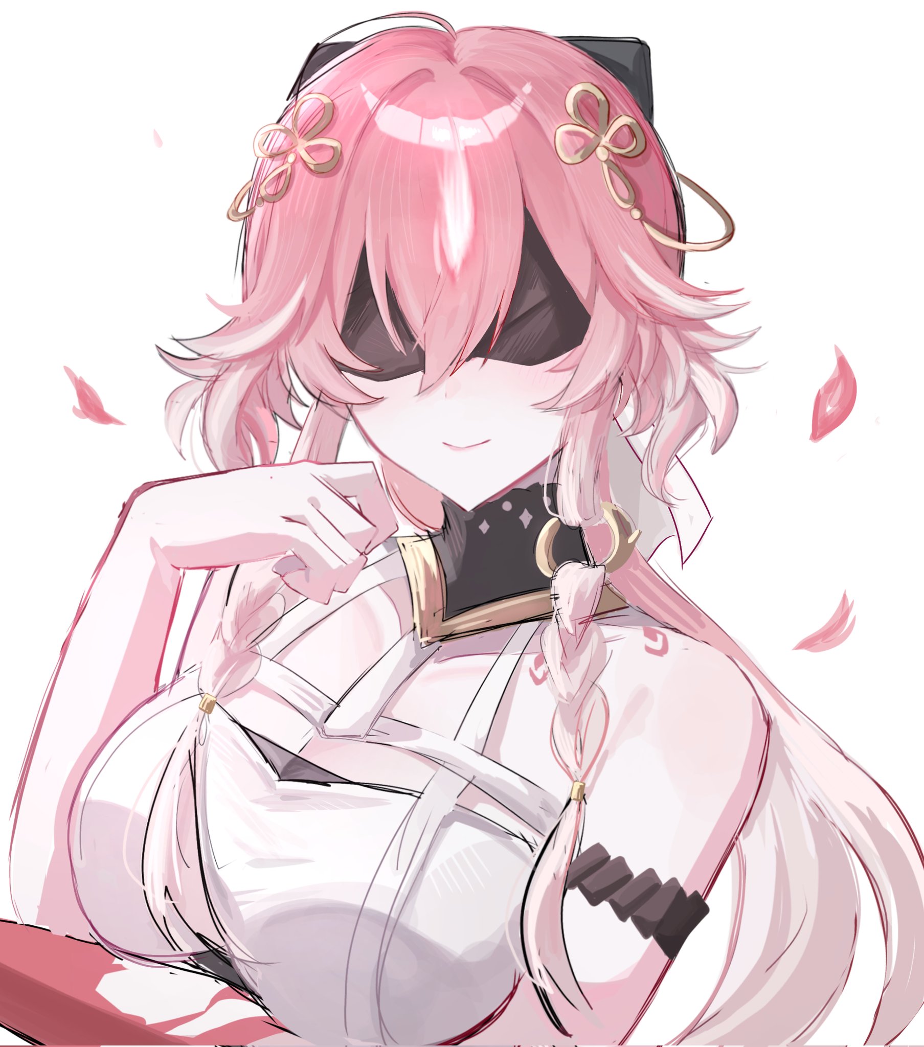 changli (wuthering waves), wuthering waves, commentary request, highres, 1girl, blindfold, body markings, breasts, closed mouth, facing viewer, hair between eyes, hair extensions, hair ornament, hand up, large breasts, multicolored hair, pink hair, portrait, ring hair extensions, simple background, smile, solo, soyogi nrso, two-tone hair, white background, white hair