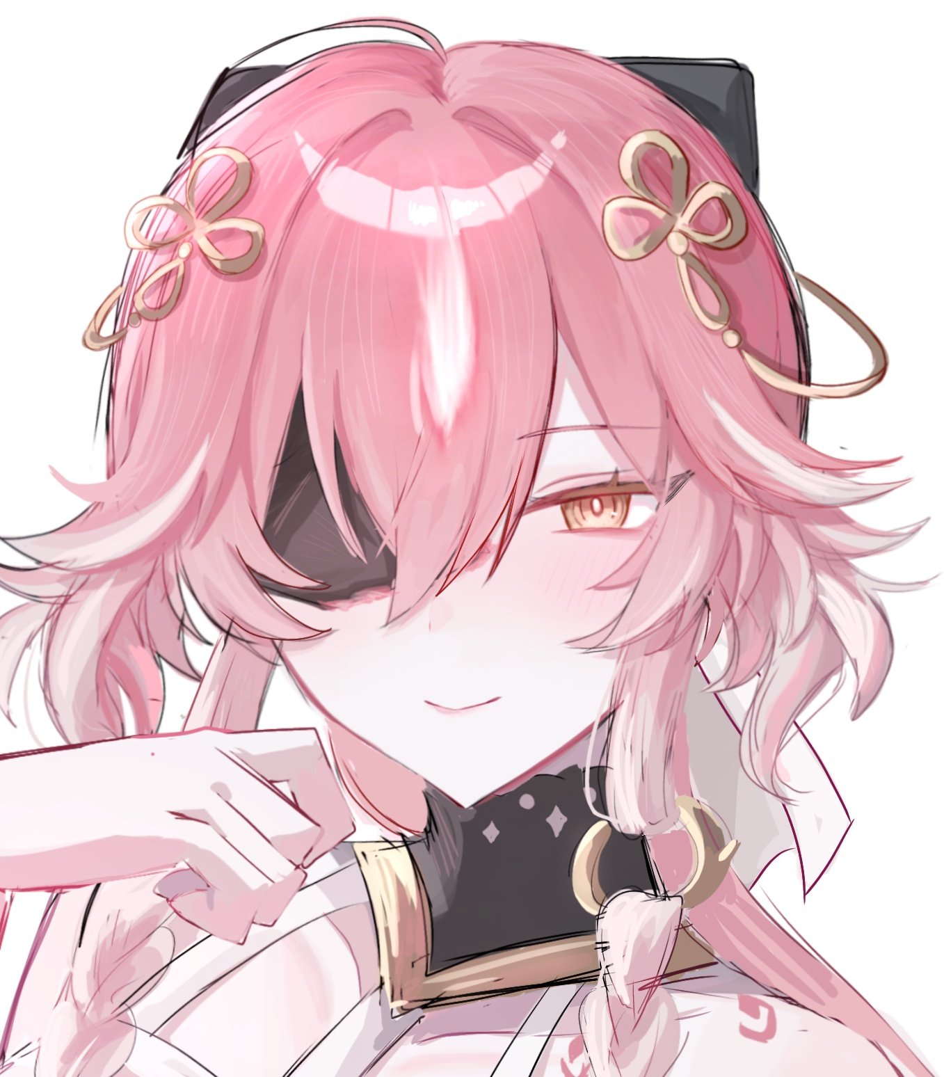 changli (wuthering waves), wuthering waves, commentary request, highres, 1girl, body markings, closed mouth, hair extensions, hair ornament, hand up, looking at viewer, multicolored hair, orange eyes, pink hair, portrait, ring hair extensions, simple background, smile, solo, soyogi nrso, two-tone hair, white background, white hair