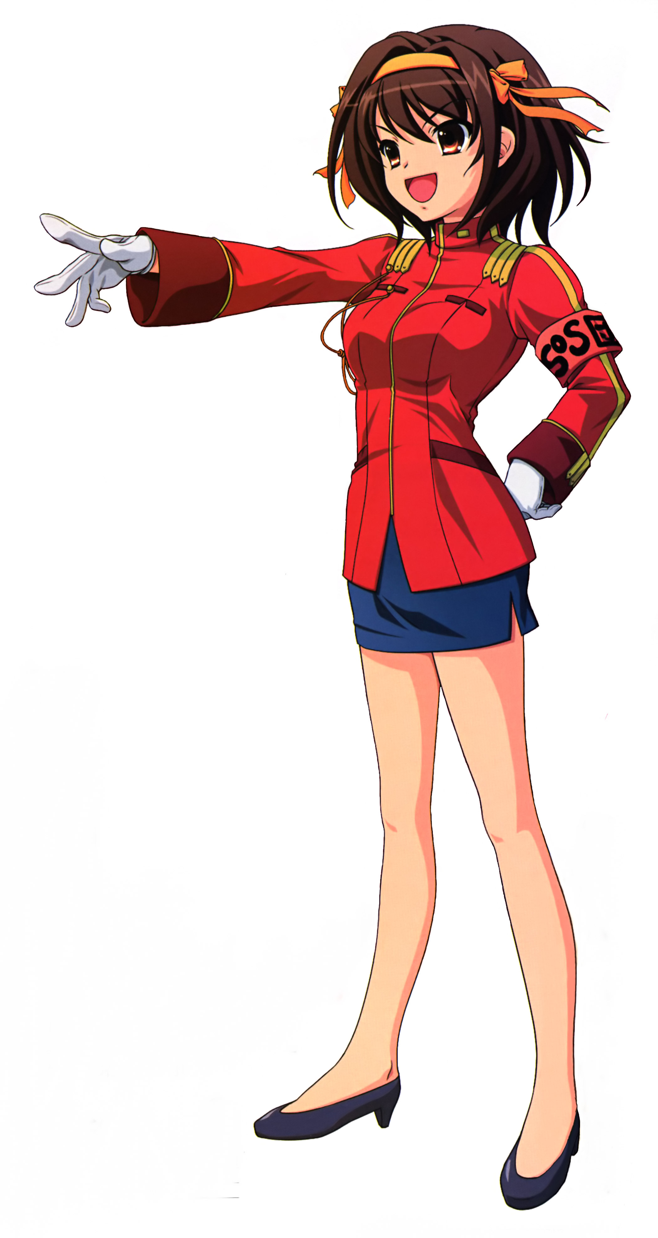 suzumiya haruhi, suzumiya haruhi no yuuutsu, the day of sagittarius, absurdres, highres, 00s, 1girl, aiguillette, brown hair, female focus, gloves, hairband, high heels, military, military uniform, pencil skirt, shoes, simple background, skirt, solo, white gloves