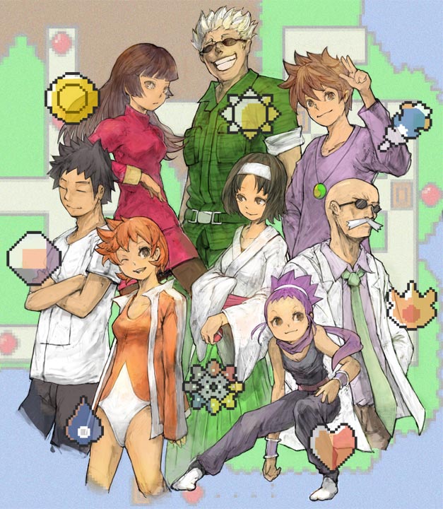 toyo, blaine (pokemon), blue oak, brock (pokemon), erika (pokemon), janine (pokemon), misty (pokemon), sabrina (pokemon), surge (pokemon), nintendo, pokemon, pokemon gsc, bad id, bad pixiv id, 1990s (style), 4boys, 4girls, armband, badge, badge (pokemon), bald, black hair, blunt bangs, boulder badge, brown eyes, brown hair, cascade badge, closed eyes, earth badge, everyone, facial hair, glasses, grin, gym leader, hairband, headband, hime cut, holding, holding poke ball, jacket, japanese clothes, jewelry, kanto map, kimono, lab coat, long hair, map, marsh badge, military, military uniform, multiple boys, multiple girls, mustache, necklace, necktie, ninja, one-piece swimsuit, one eye closed, orange hair, pantyhose, pixel art, poke ball, purple hair, rainbow badge, retro artstyle, scarf, short hair, smile, soul badge, sunglasses, swimsuit, thunder badge, volcano badge, white hair, wink