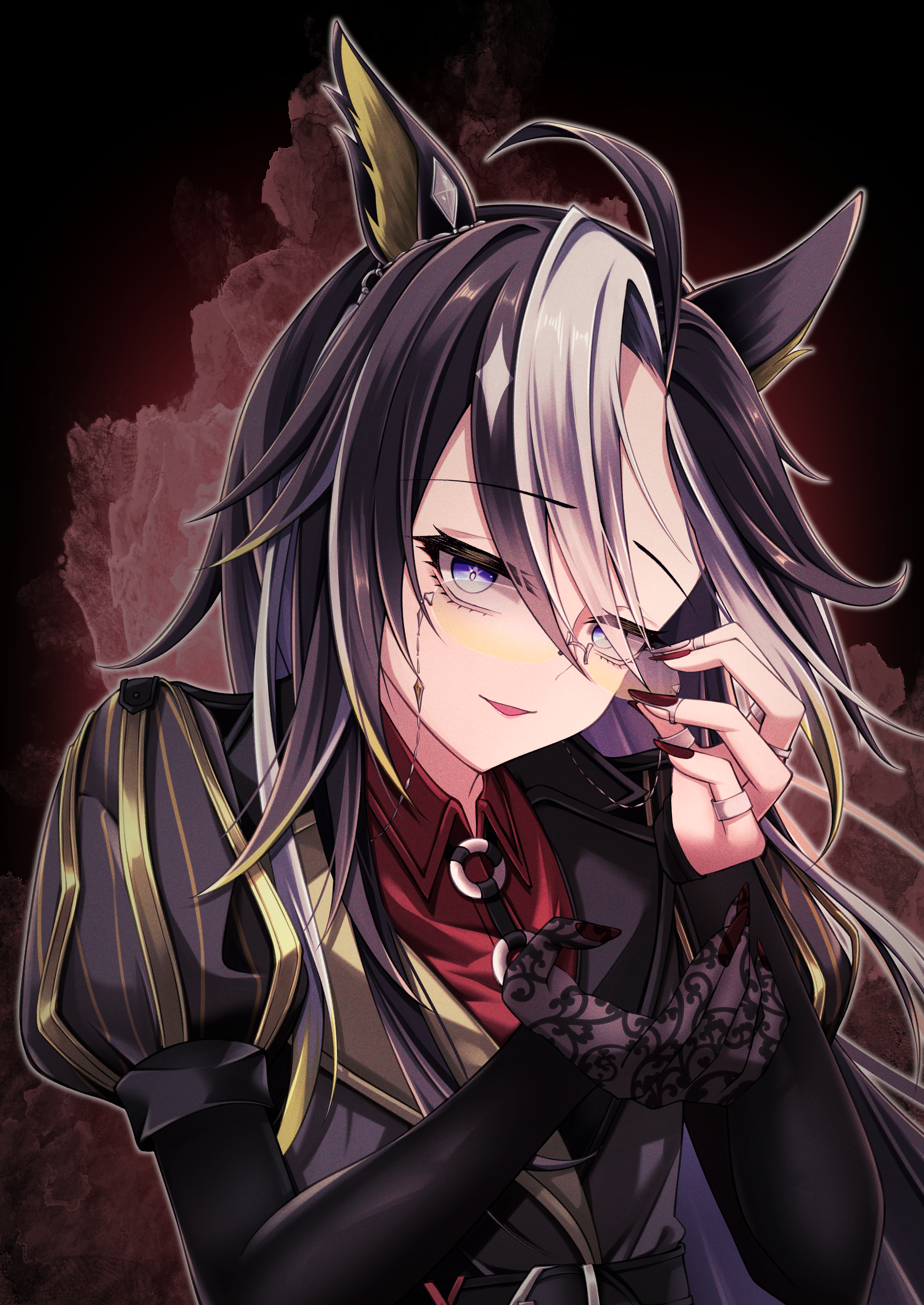 kamiya (kamiya19930330), dream journey (umamusume), umamusume, absurdres, commentary request, highres, 1girl, ahoge, animal ears, black coat, black gloves, black hair, blonde hair, blue eyes, blush, coat, collared shirt, colored inner animal ears, eyewear strap, glasses, gloves, hair between eyes, hands up, horse ears, horse girl, long hair, long sleeves, looking at viewer, parted lips, puffy sleeves, red shirt, shirt, smile, solo, white hair