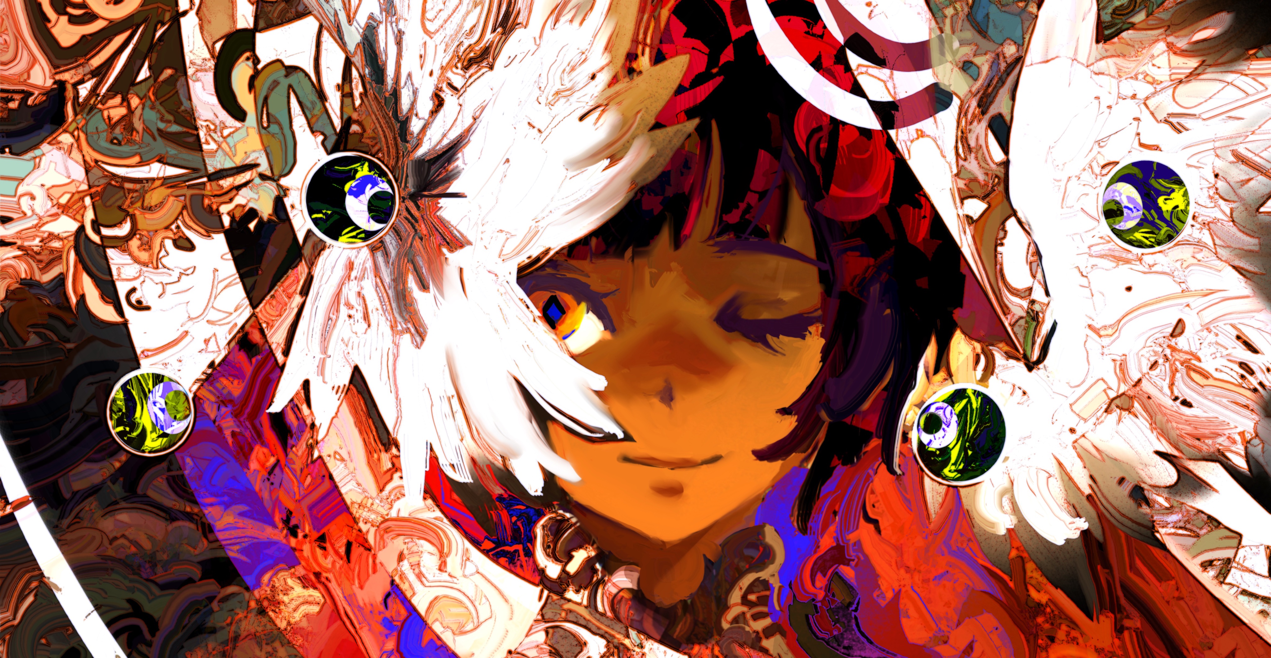 kevin adi, original, absurdres, commentary, english commentary, highres, 1girl, abstract background, black hair, dark skin, multicolored eyes, multicolored hair, one eye closed, smile, wings, yellow eyes