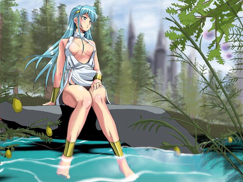 kou (rall2), flare (reyon densetsu flare), lyon densetsu flare, 1girl, anklet, aqua hair, arm support, barefoot, blurry, bracelet, bracer, breasts, breasts apart, castle, center opening, cleavage, depth of field, female focus, food, forest, fruit, jewelry, long hair, medium breasts, nature, no bra, no panties, outdoors, plant, retro artstyle, sitting, soaking feet, solo, water