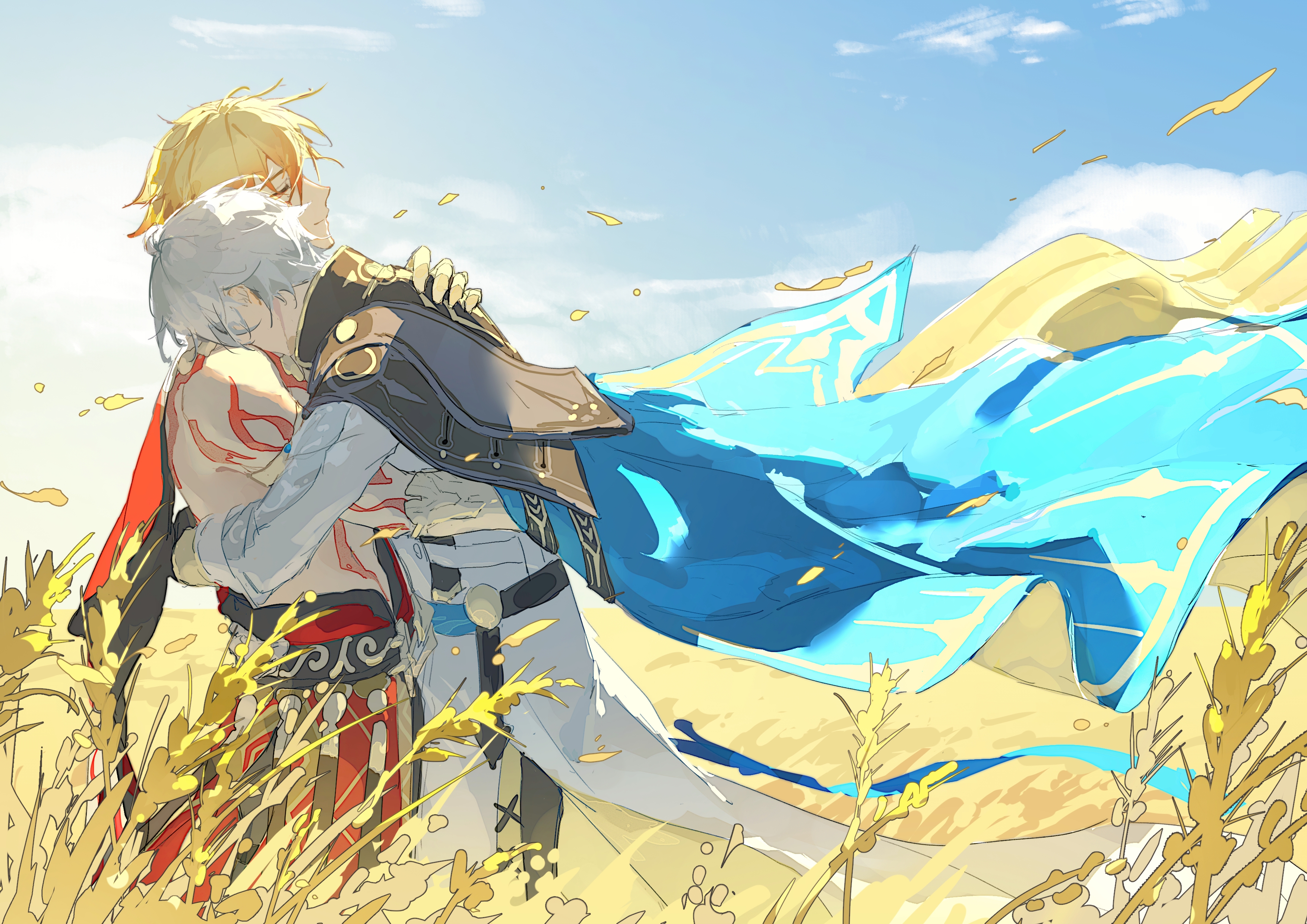 mydei (honkai: star rail), phainon (honkai: star rail), honkai: star rail, honkai (series), absurdres, chinese commentary, commentary request, highres, 2boys, antenna hair, arm tattoo, armlet, black choker, black coat, black shirt, blonde hair, blue cape, blue sky, cape, chest tattoo, choker, clawed gauntlets, closed eyes, coat, earrings, facial tattoo, floating cape, from side, gold earrings, gold necklace, gradient hair, hug, jewelry, male focus, multicolored hair, multiple boys, necklace, open clothes, open coat, profile, red cape, red hair, red tattoo, shirt, short hair, sky, tattoo, wheat field, white coat, white hair, yinbai