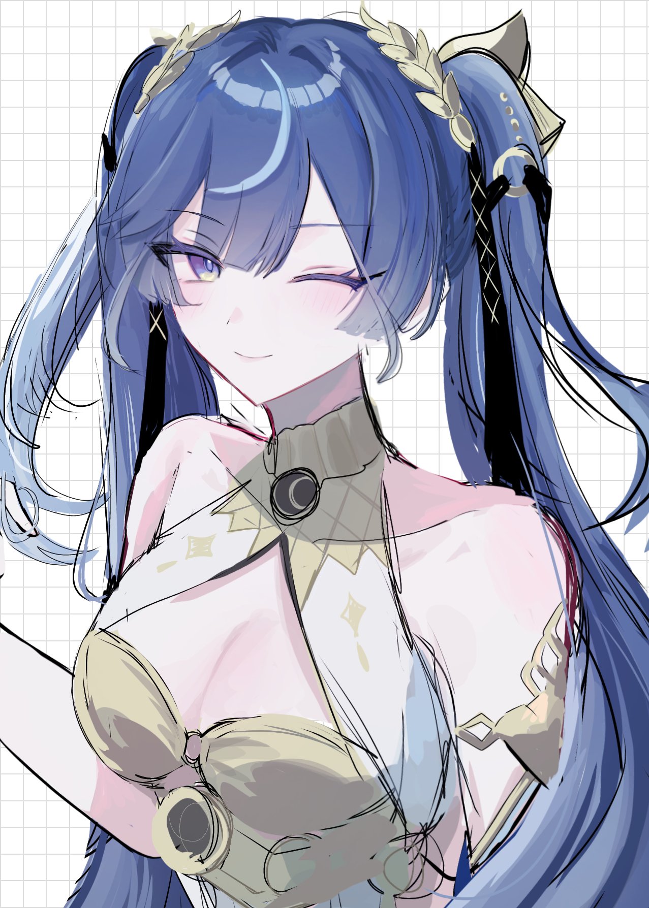 iuno (wuthering waves), wuthering waves, commentary, highres, 1girl, armlet, bare shoulders, blue eyes, blue hair, breasts, cleavage, closed mouth, gold bra, grid background, hair belt, jewelry, laurel crown, long hair, looking at viewer, medium breasts, one eye closed, smile, solo, soyogi nrso, twintails, upper body