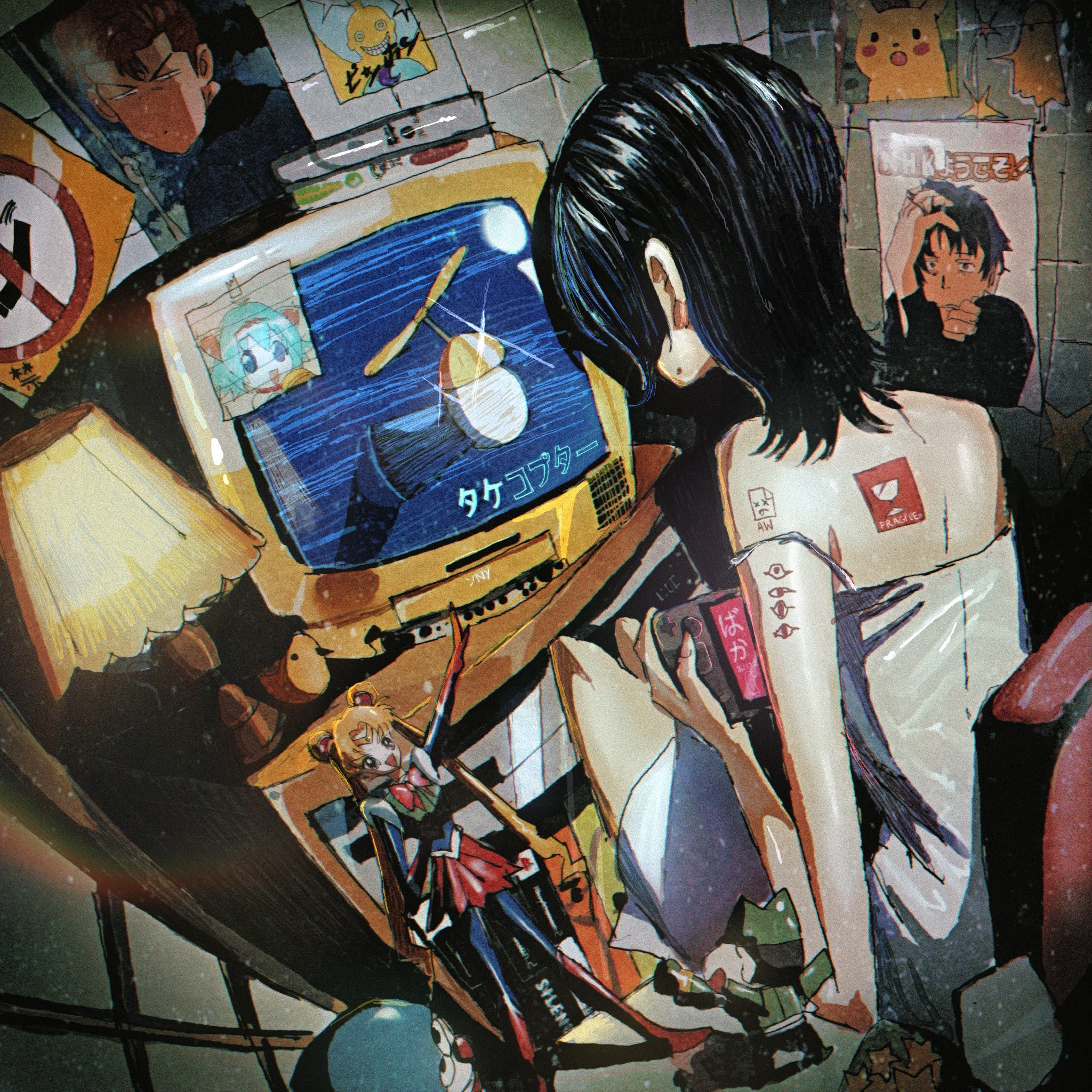 jojidoboro, doraemon (character), kuwabara kazuma, nohara shinnosuke, onodera punpun, sailor moon, satou tatsuhiro, bishoujo senshi sailor moon, crayon shin-chan, doraemon, nhk ni youkoso!, original, yuu yuu hakusho, commentary request, highres, 1girl, back, black hair, crt, drawing (object), dress, figure, from behind, handheld game console, holding, holding handheld game console, indoors, lamp, light particles, meme, no smoking, otaku room, playing games, poster (object), sitting, steam deck, sticker, strap slip, surprised pikachu (meme), takecopter, television, white dress