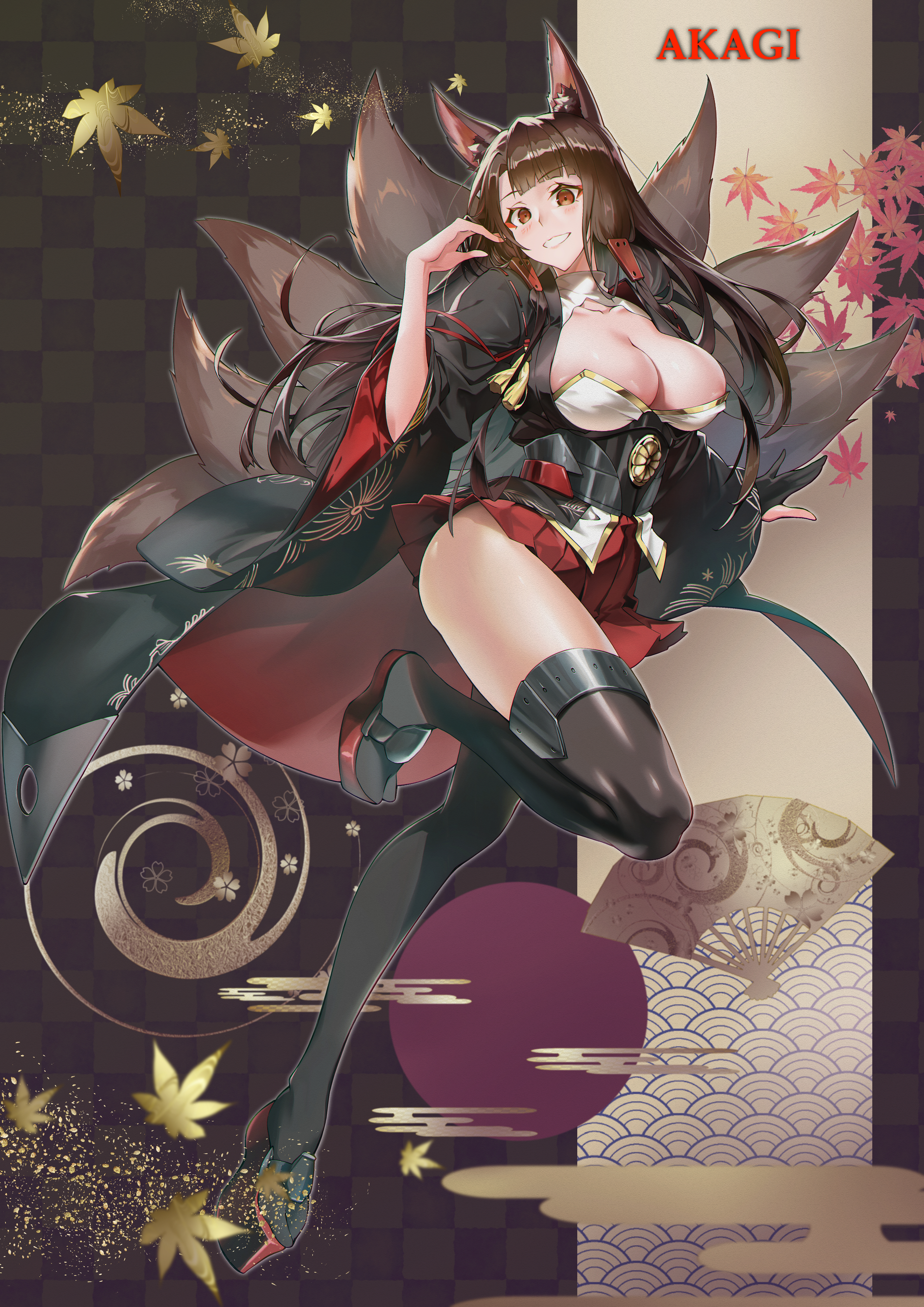 echo-kilo, akagi (azur lane), azur lane, absurdres, commentary request, highres, 1girl, animal ears, arm behind back, autumn leaves, black kimono, blush, breasts, brown hair, character name, cleavage, cleavage cutout, clothing cutout, eyeshadow, floral print, floral print kimono, fox ears, fox girl, fox tail, full body, grin, hair ornament, hairclip, hand up, japanese clothes, kimono, kitsune, large breasts, leaf, legs, long hair, makeup, miniskirt, multiple tails, orange eyes, pleated skirt, print kimono, red eyeshadow, red skirt, sakura empire (emblem), skirt, smile, solo, standing, standing on one leg, tail, thighhighs, thighs, upskirt, very long hair, wide sleeves
