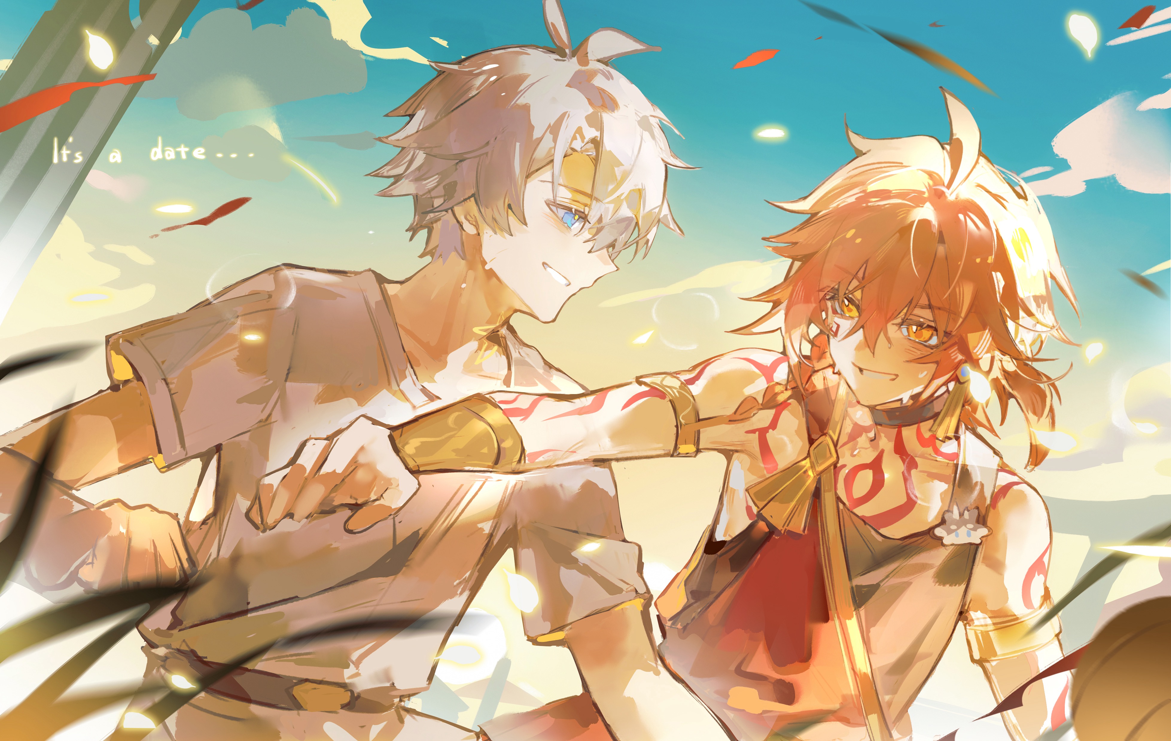 hadant, iron hailai, mydei (a trail of bygone blood) (honkai: star rail), mydei (honkai: star rail), phainon (a dream scented in wheat) (honkai: star rail), phainon (honkai: star rail), honkai: star rail, honkai (series), absurdres, chinese commentary, commentary request, highres, 2boys, aged down, antenna hair, arm tattoo, armlet, black tank top, blonde hair, blue eyes, blue sky, braid, chest tattoo, facial tattoo, gradient hair, grey shirt, jewelry, male focus, medium hair, multicolored hair, multiple boys, official alternate costume, parted bangs, red hair, red tattoo, shirt, short hair, side braid, sky, tank top, tattoo, white hair, yellow eyes