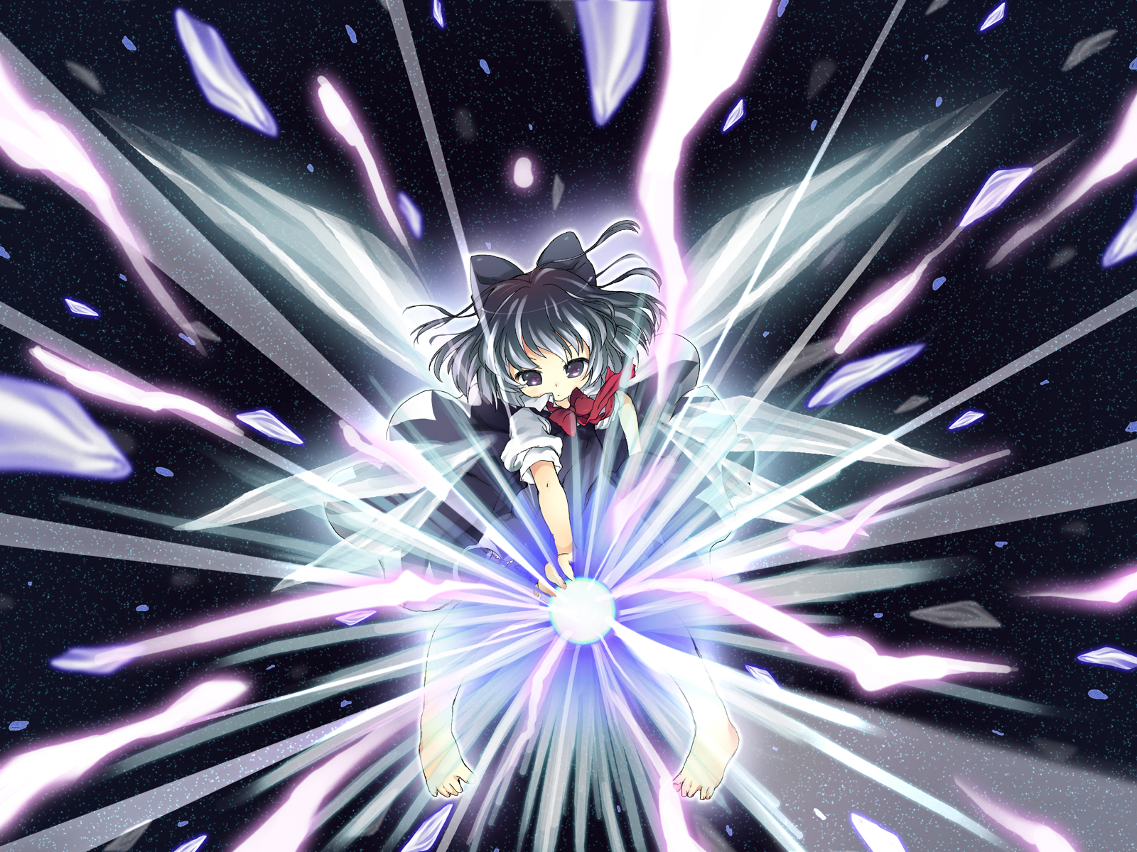 maki (natoriumu), cirno, embodiment of scarlet devil, touhou, light, bad id, bad pixiv id, highres, 1girl, barefoot, blue eyes, blue hair, bow, danmaku, electricity, electrokinesis, female focus, hair bow, ice, looking down, magic, matching hair/eyes, pigeon-toed, short hair, solo, wings