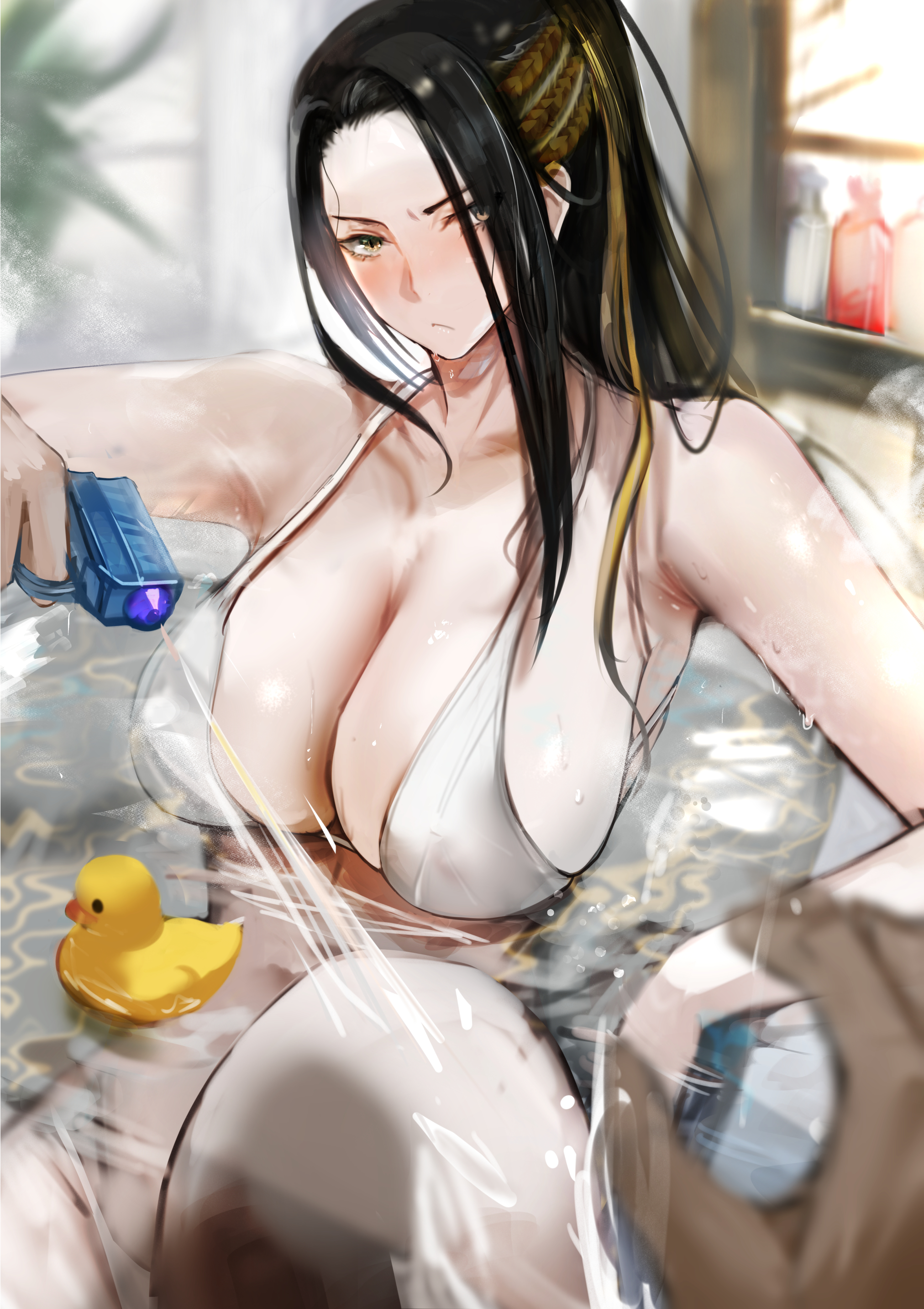 jikihatiman, original, absurdres, commentary request, highres, 1boy, 1girl, bath, bathing, bathtub, bikini, black hair, blonde hair, blush, bottle, breasts, cleavage, closed mouth, dark-skinned male, dark skin, halterneck, holding, holding water gun, indoors, large breasts, long hair, multicolored hair, out of frame, partially submerged, rubber duck, sidelocks, sitting, streaked hair, swimsuit, water, water gun, white bikini, window, yellow eyes