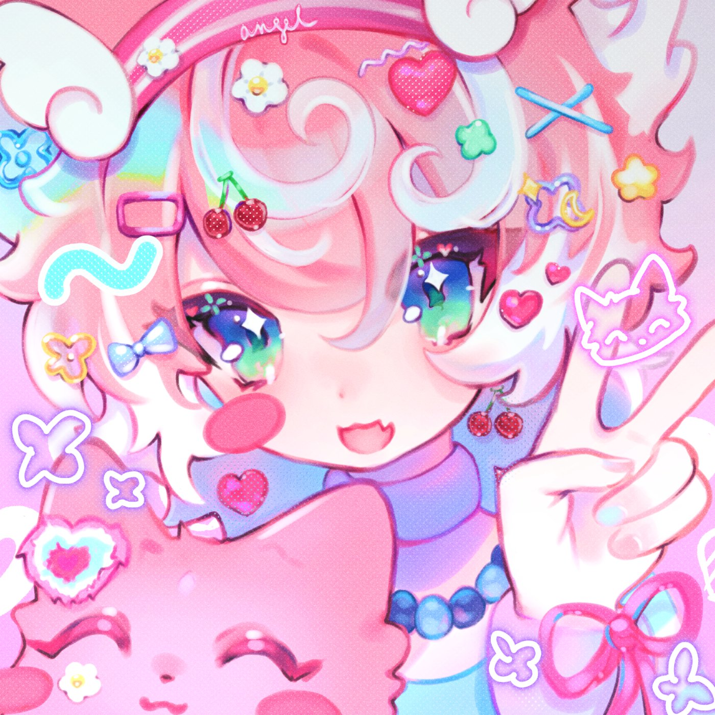 cloud (lufaeris), original, commentary, english commentary, highres, 1girl, animal, aqua eyes, cat, fang, hair between eyes, hair ornament, hairclip, head wings, heart, heart hair ornament, long hair, looking at viewer, open mouth, pink cat, pink hair, portrait, skin fang, smile, solo, v, wings, x hair ornament