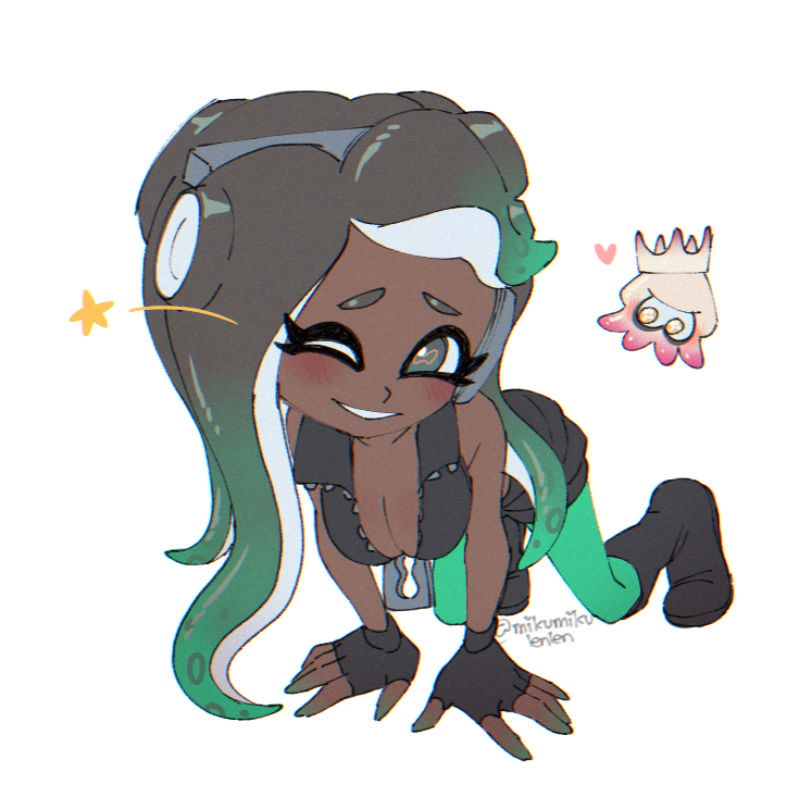ariamikukanzaki, marina (off the hook outfit) (splatoon), marina (splatoon), pearl (splatoon), nintendo, splatoon (series), splatoon 2, commentary, 2girls, all fours, black boots, black gloves, black hair, black vest, boots, breasts, cleavage, colored extremities, crown, dark-skinned female, dark skin, fingerless gloves, gloves, gradient hair, green eyes, green hair, green pants, inkling, large breasts, multicolored hair, multiple girls, octoling, one eye closed, pants, star (symbol), very dark skin, vest, zipper pull tab