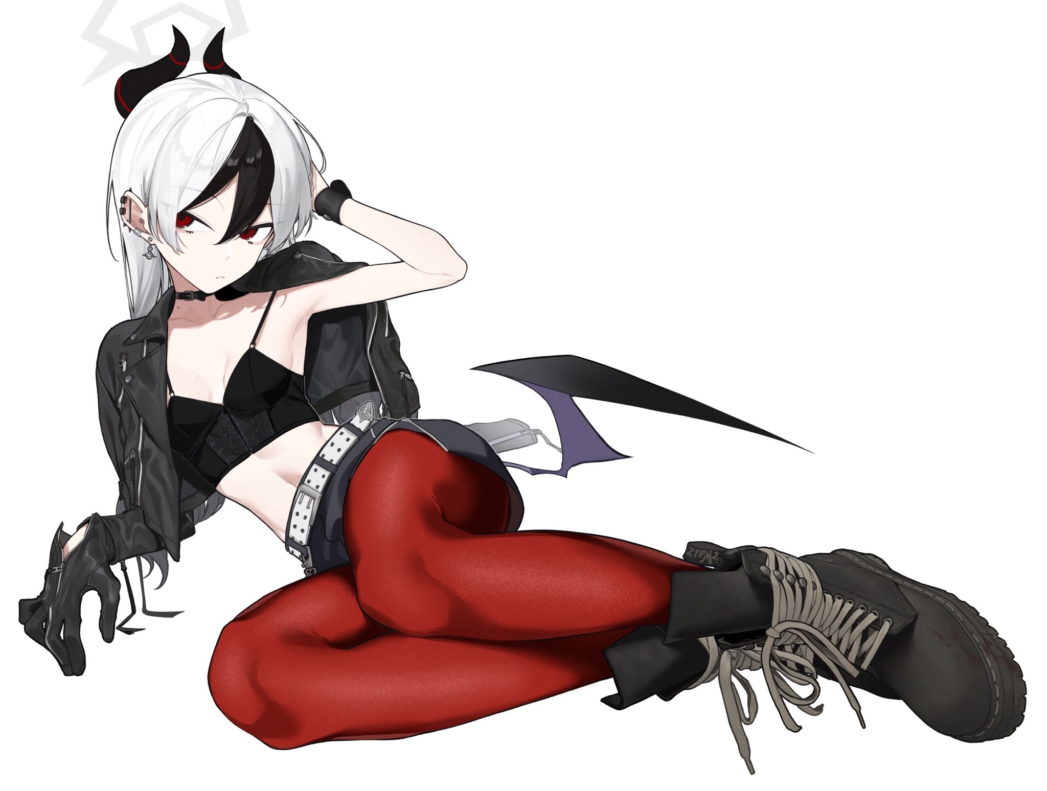 fataaa, kayoko (blue archive), blue archive, commentary request, highres, 1girl, armpits, belt, black boots, black choker, black gloves, black hair, black jacket, black skirt, black tank top, black wings, boots, breasts, choker, cleavage, closed mouth, collarbone, ear piercing, earrings, gloves, grey hair, hair between eyes, jacket, jewelry, lace-up boots, long hair, long sleeves, looking at viewer, midriff, mole, mole on neck, navel, pantyhose, piercing, puffy long sleeves, puffy sleeves, red eyes, red pantyhose, single wing, skirt, small breasts, solo, tank top, white background, white belt, wings, wristband