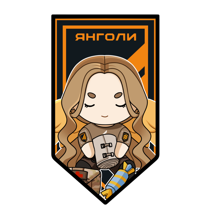 korzynka persykiv, original, 1girl, 3rd assault brigade, azov angels, blonde hair, chibi, closed eyes, closed mouth, holding, long hair, russo-ukrainian war, simple background, smile, solo, tryzub, upper body, wings, zoriana