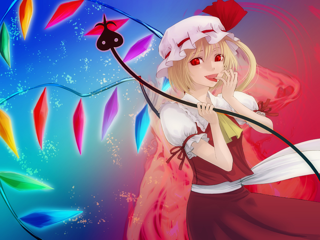 takatsuki kahiro, flandre scarlet, embodiment of scarlet devil, touhou, 1girl, blonde hair, blouse, blue background, collared shirt, fang, fangs, female focus, gradient background, hat, mob cap, ponytail, red background, red eyes, shirt, short hair, side ponytail, solo, white hat, white shirt, wings