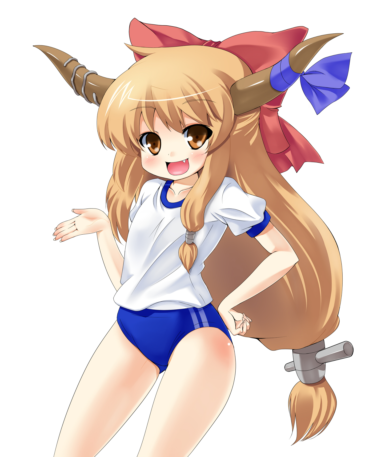 mamedenkyuu, mamedenkyuu (berun), ibuki suika, touhou, highres, 1girl, :d, alternate costume, blonde hair, bow, buruma, fang, female focus, fingernails, gym uniform, hair bow, hand on own hip, horns, long hair, open mouth, outstretched hand, smile, solo, yellow eyes