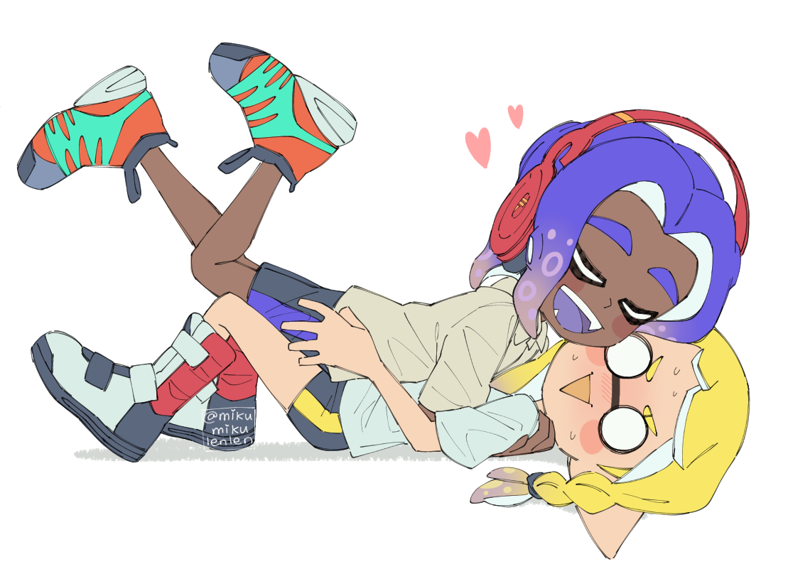 ariamikukanzaki, nintendo, splatoon (series), splatoon 3, commentary, 1boy, 1girl, blonde hair, blue hair, blush stickers, boots, braid, closed eyes, dark-skinned male, dark skin, eyebrow cut, gradient hair, headphones, heart, hetero, hirooooo (splatoon), hug, interracial, lying, multicolored hair, o o, on back, shirt, shoes, short shorts, shorts, side braid, signature, sneakers, sweat, t-shirt, tentacle hair, triangle mouth, veronika (splatoon), very dark skin