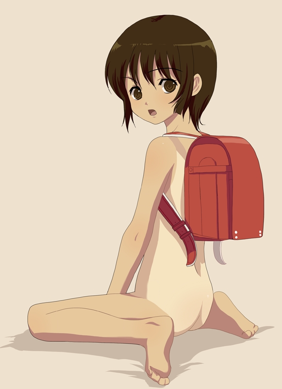natori (natorism), copyright request, 1girl, ass, backpack, bag, barefoot, feet, female focus, kneeling, loli, nude, one-piece tan, paint.net (medium), randoseru, short hair, soles, solo, tan, tanline, toes