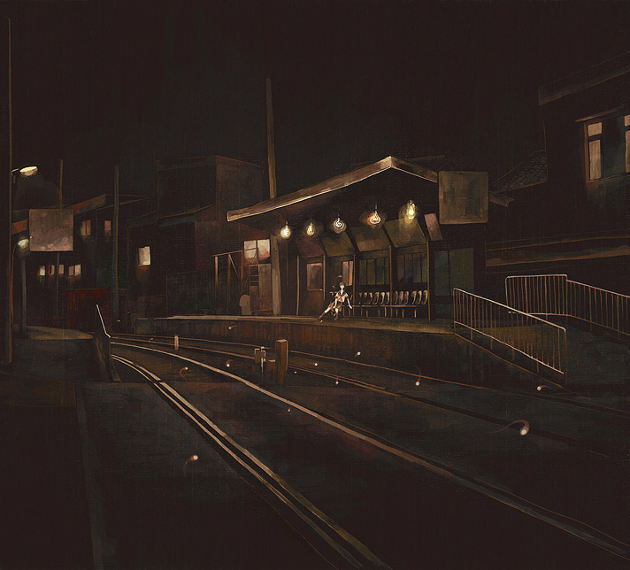 kumaori jun, original, tagme, 1girl, dark, female focus, night, railroad tracks, school uniform, serafuku, solo, train station
