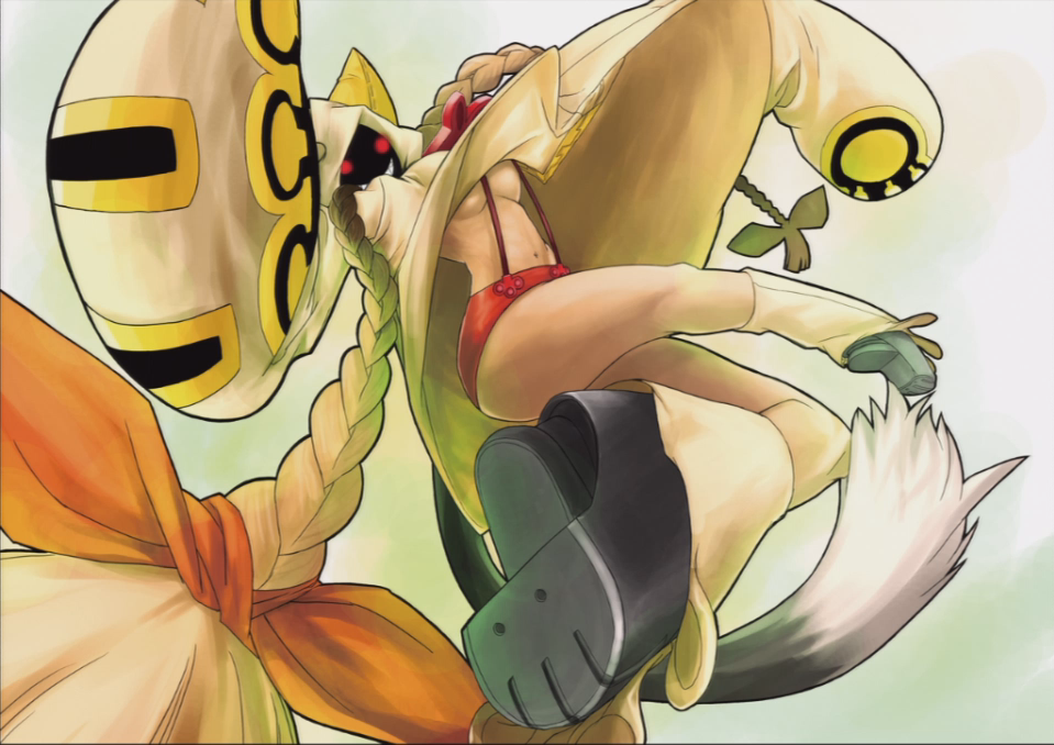 katou yuuki, taokaka, arc system works, blazblue, commentary, official art, 1girl, animal ears, braid, breasts, cat ears, cat tail, female focus, grin, platform shoes, shoes, smile, solo, suspenders, tail, underboob