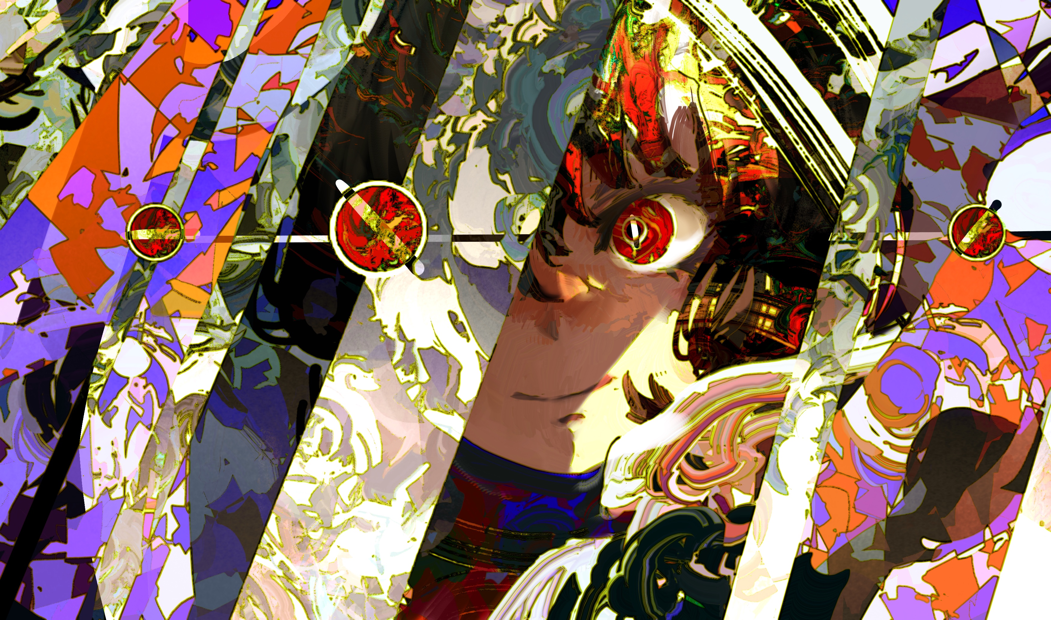 kevin adi, original, absurdres, highres, 1girl, abstract background, black hair, colorful, dark skin, looking at viewer, red eyes, smile, solo, symbol-shaped pupils