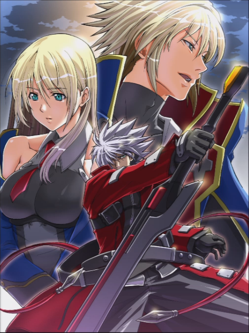kimura shigetaka, shigetaka kimura, kisaragi jin, noel vermillion, ragna the bloodedge, arc system works, blazblue, blazblue: calamity trigger, alternate breast size, silver hair, commentary, official art, 1girl, 2boys, alternate hairstyle, bare shoulders, belt, belt skirt, black gloves, black pants, blonde hair, blue eyes, breasts, cloud, detached sleeves, dress, fighting stance, glint, gloves, green eyes, hair between eyes, hair down, hair over one eye, halterneck, high collar, holding, holding weapon, huge weapon, large breasts, long coat, long hair, long sleeves, looking at viewer, looking down, looking to the side, multiple belts, multiple boys, necktie, open clothes, open mouth, outdoors, outstretched arms, pants, ribbon, short hair, sky, spiked hair, spread legs, sword, turtleneck, weapon, wing collar